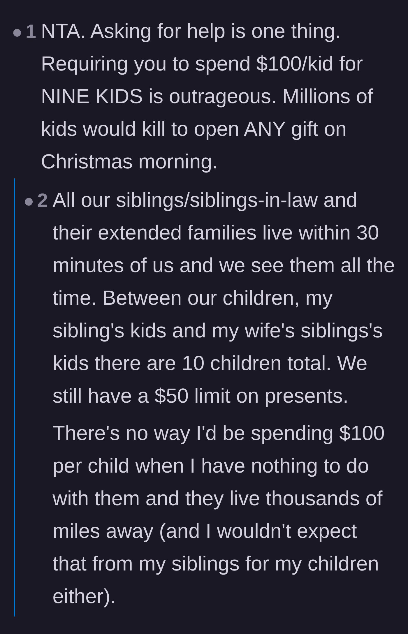 Comment thread 6 - Comparing the sister's outrageous $100 per child demand to normal family gifting limits.