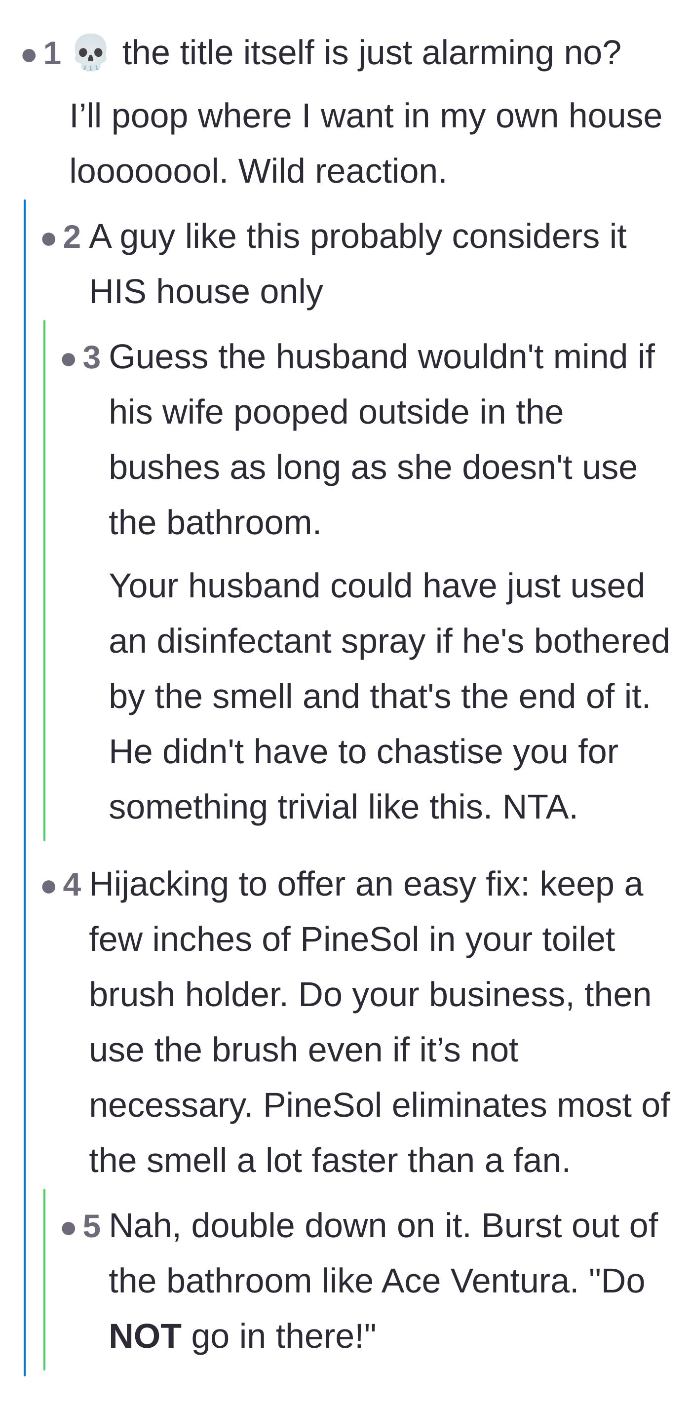 Comment thread 1 - Readers laughing at the dramatic title and sharing hilarious ways to aggressively mask bathroom odors.