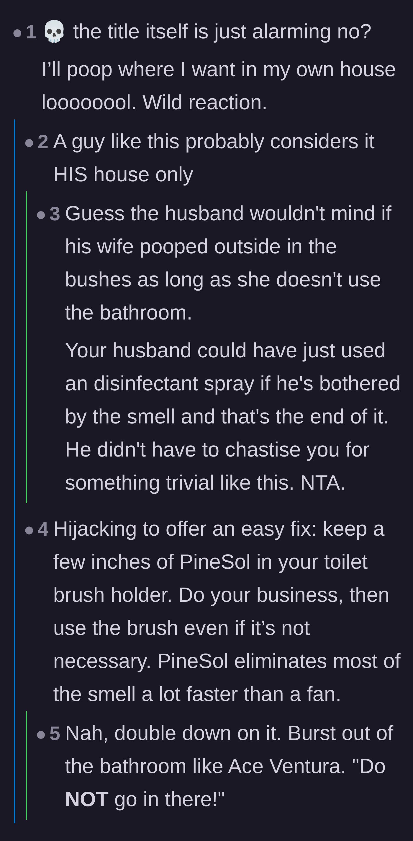 Comment thread 1 - Readers laughing at the dramatic title and sharing hilarious ways to aggressively mask bathroom odors.