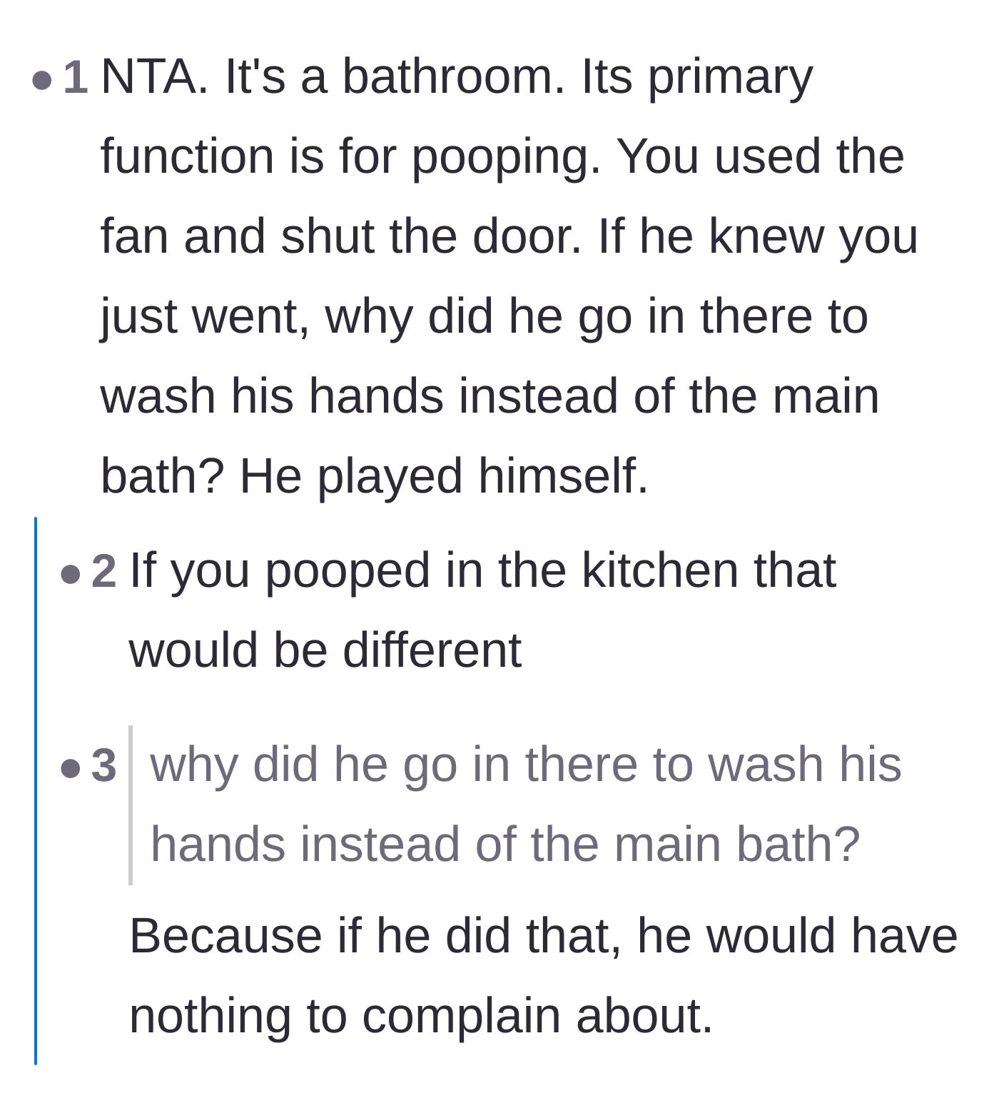 Comment thread 2 - A user pointing out that the husband went out of his way to enter the smelly bathroom just to wash his hands.