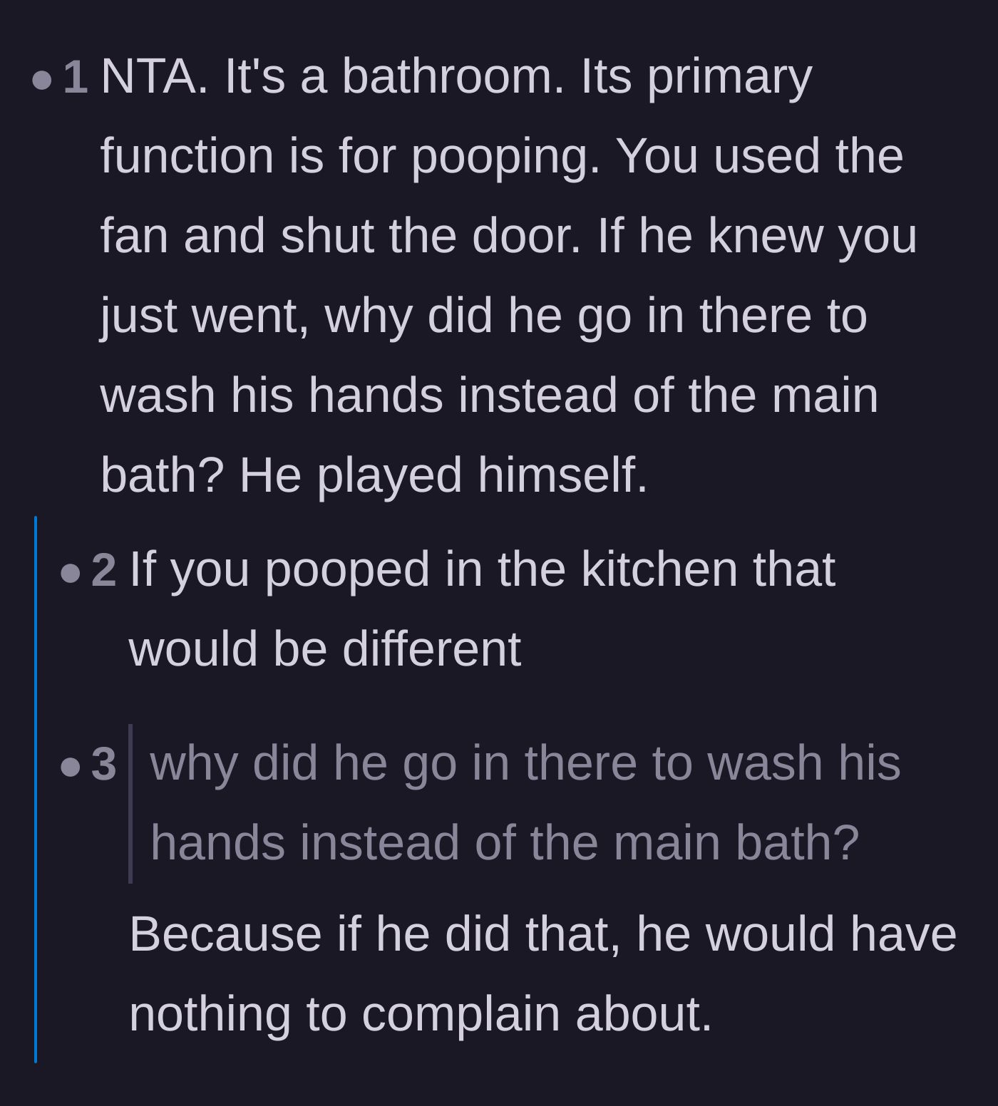 Comment thread 2 - A user pointing out that the husband went out of his way to enter the smelly bathroom just to wash his hands.