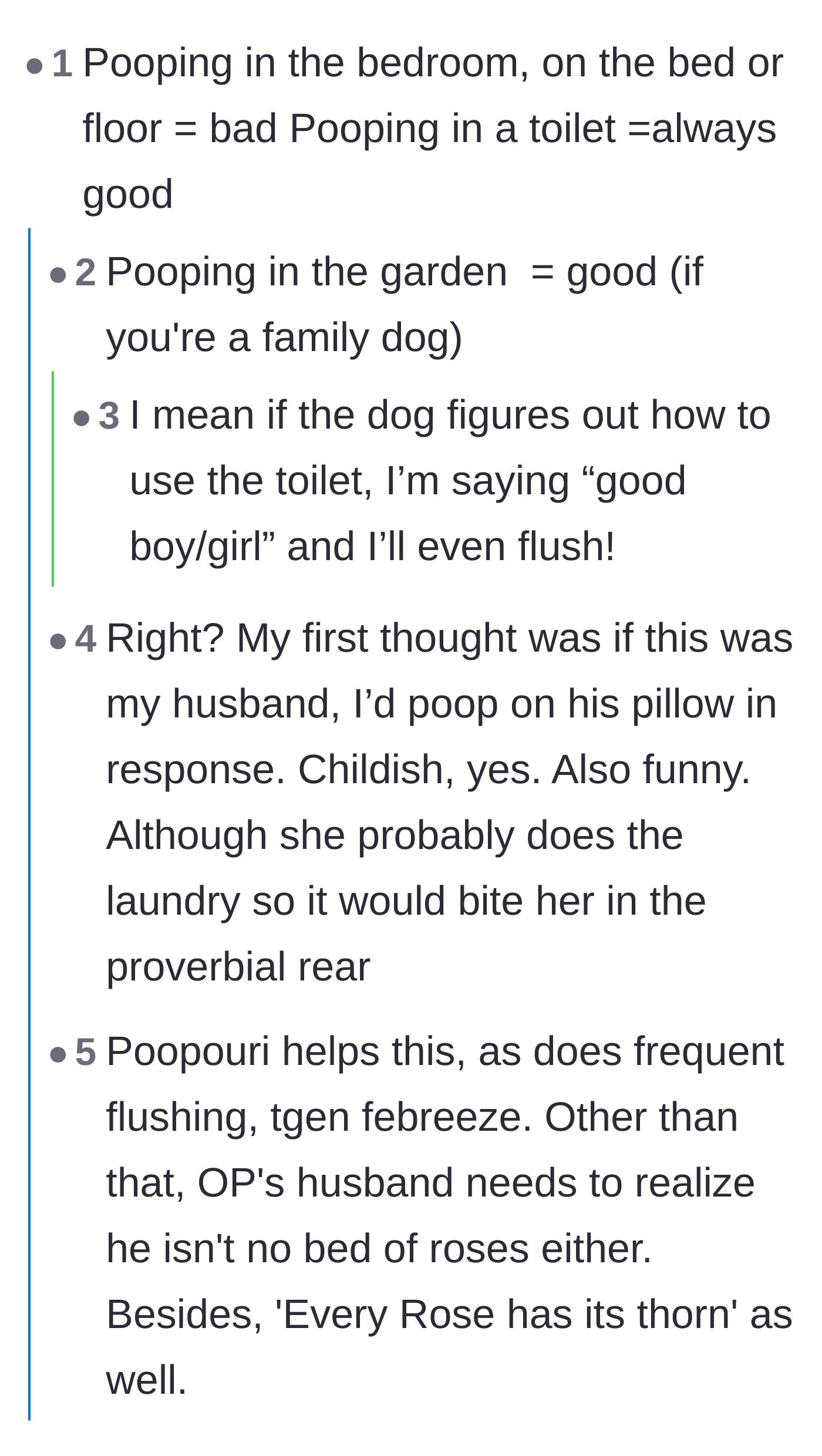 Comment thread 3 - Users joking about the acceptable places to poop and suggesting childish revenge tactics like using his pillow.