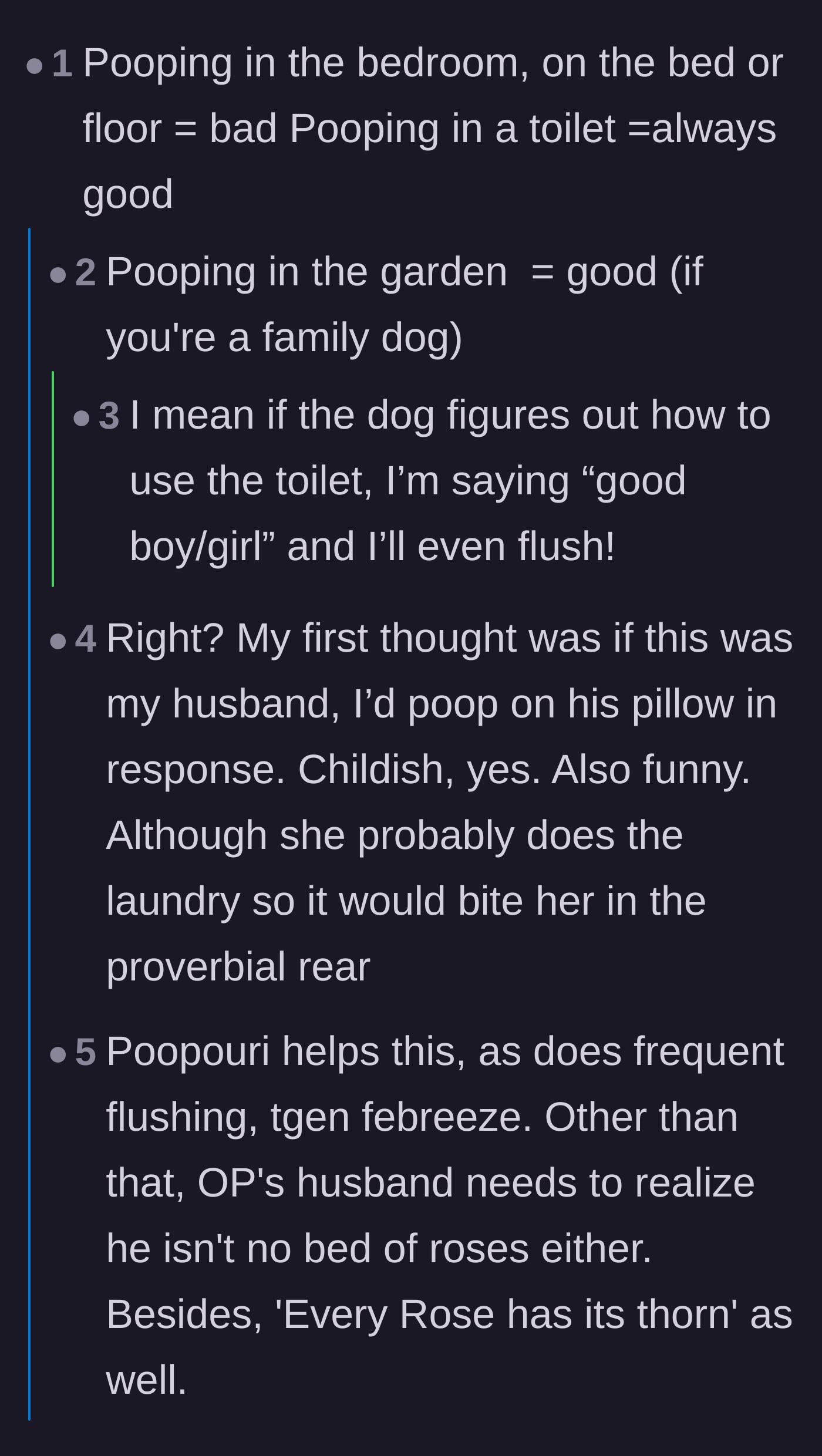 Comment thread 3 - Users joking about the acceptable places to poop and suggesting childish revenge tactics like using his pillow.