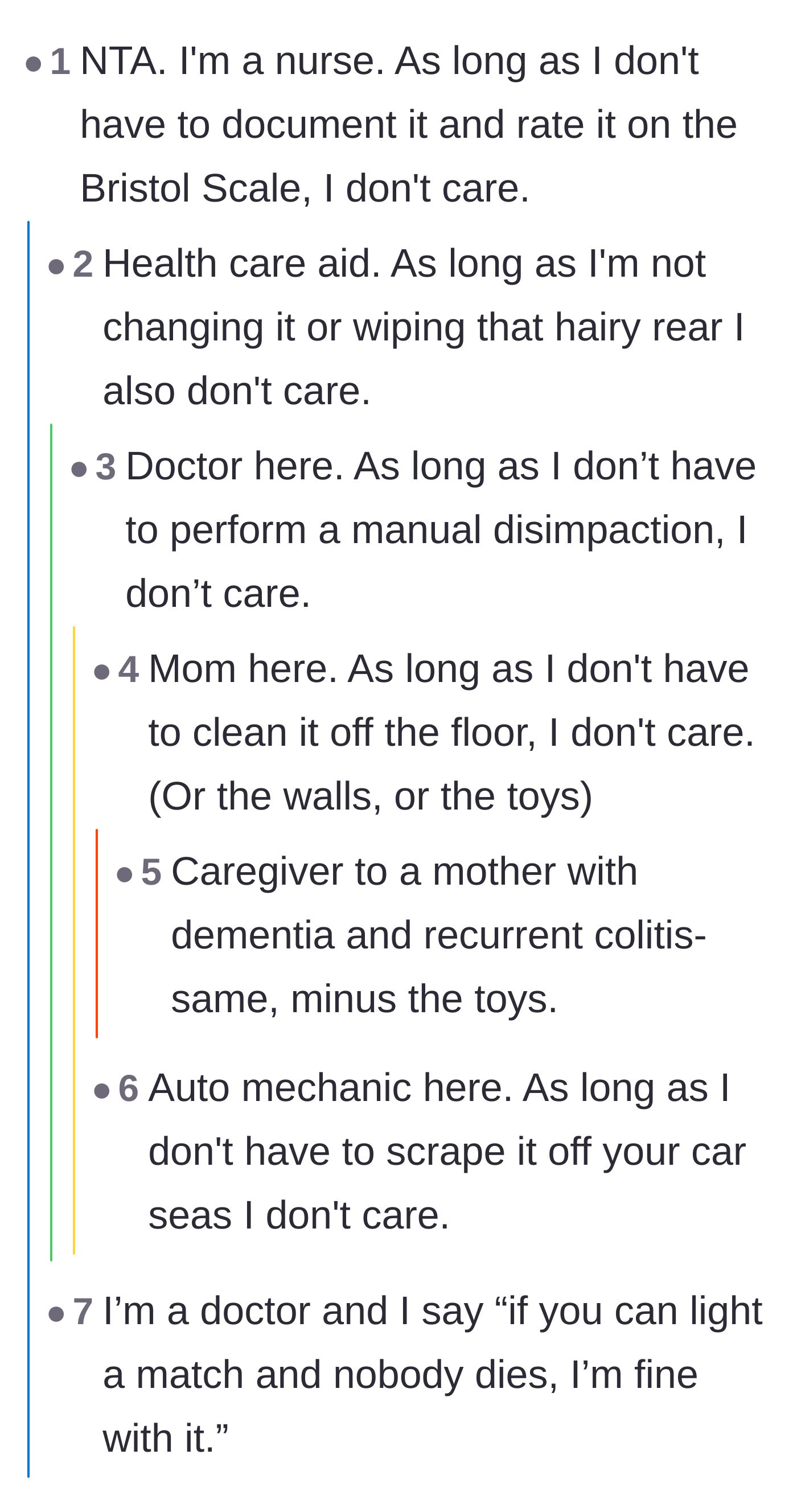 Comment thread 4 - A hilarious chain of nurses, doctors, and moms sharing how desensitized they are to human bodily functions.