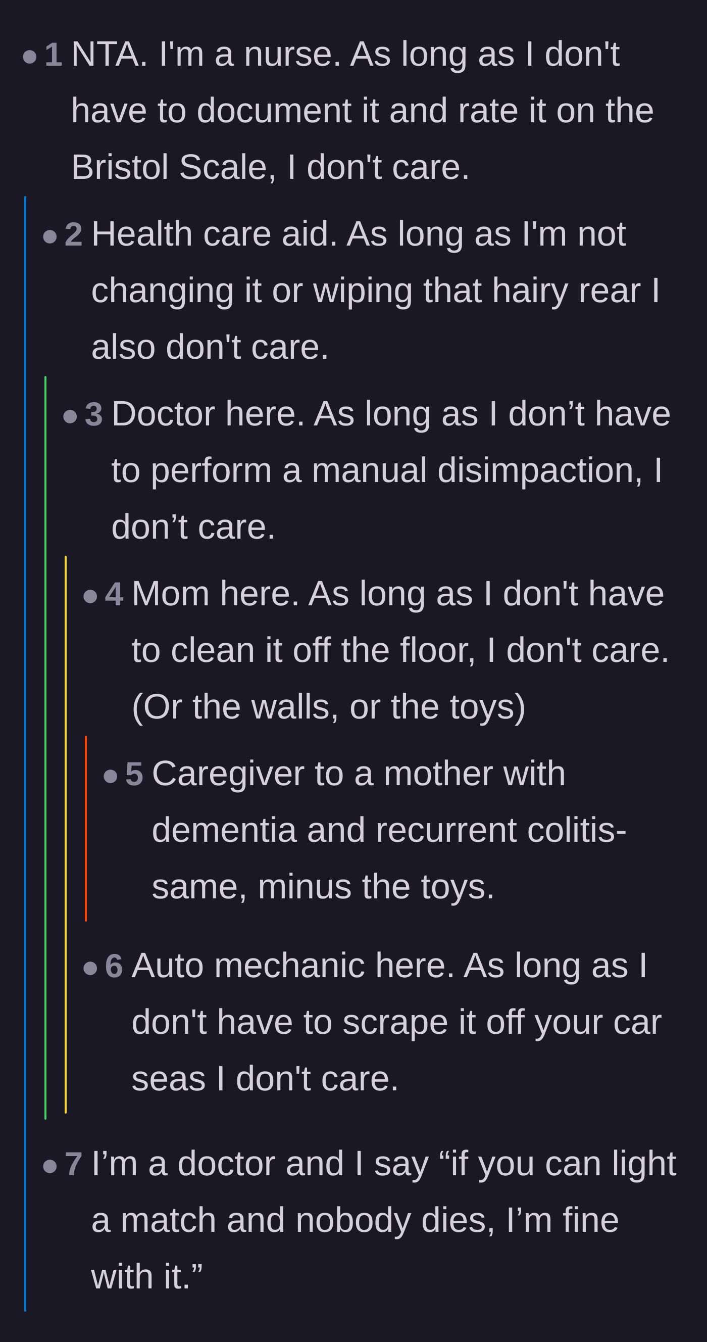 Comment thread 4 - A hilarious chain of nurses, doctors, and moms sharing how desensitized they are to human bodily functions.