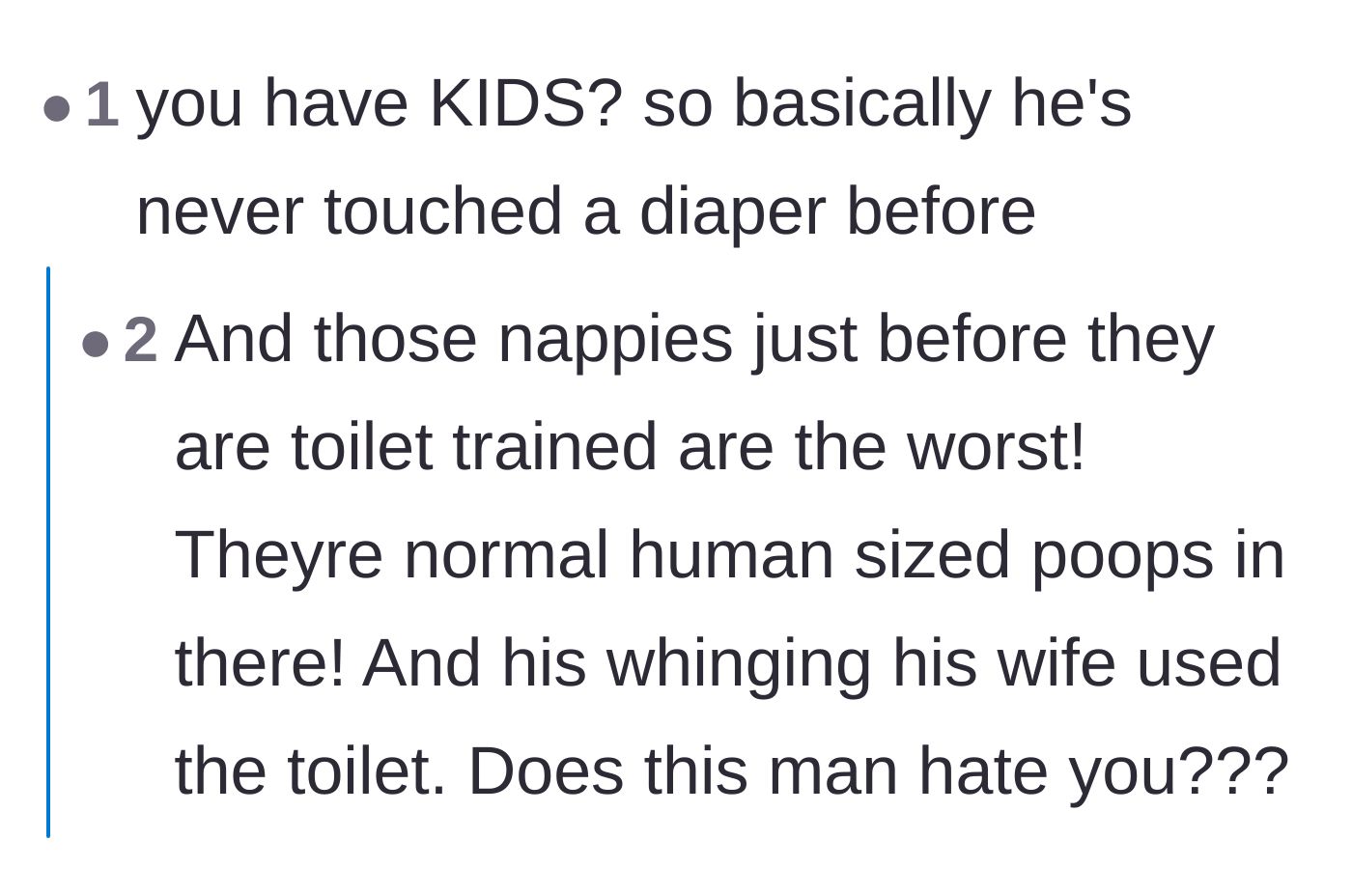 Comment thread 6 - A commenter expressing shock that a father of young kids could still be this sensitive to bathroom smells.