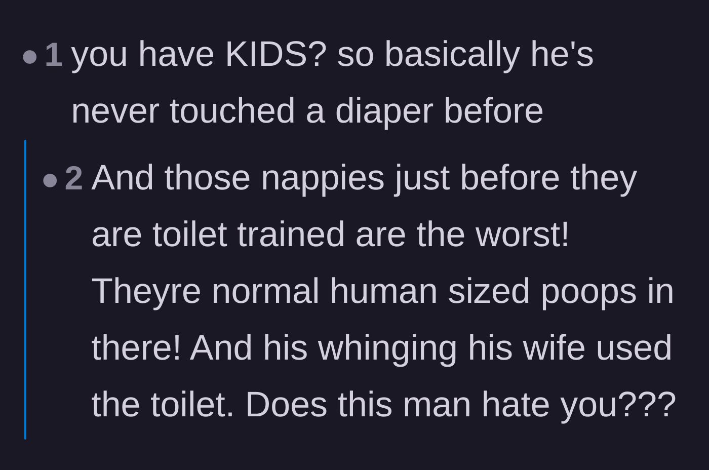 Comment thread 6 - A commenter expressing shock that a father of young kids could still be this sensitive to bathroom smells.