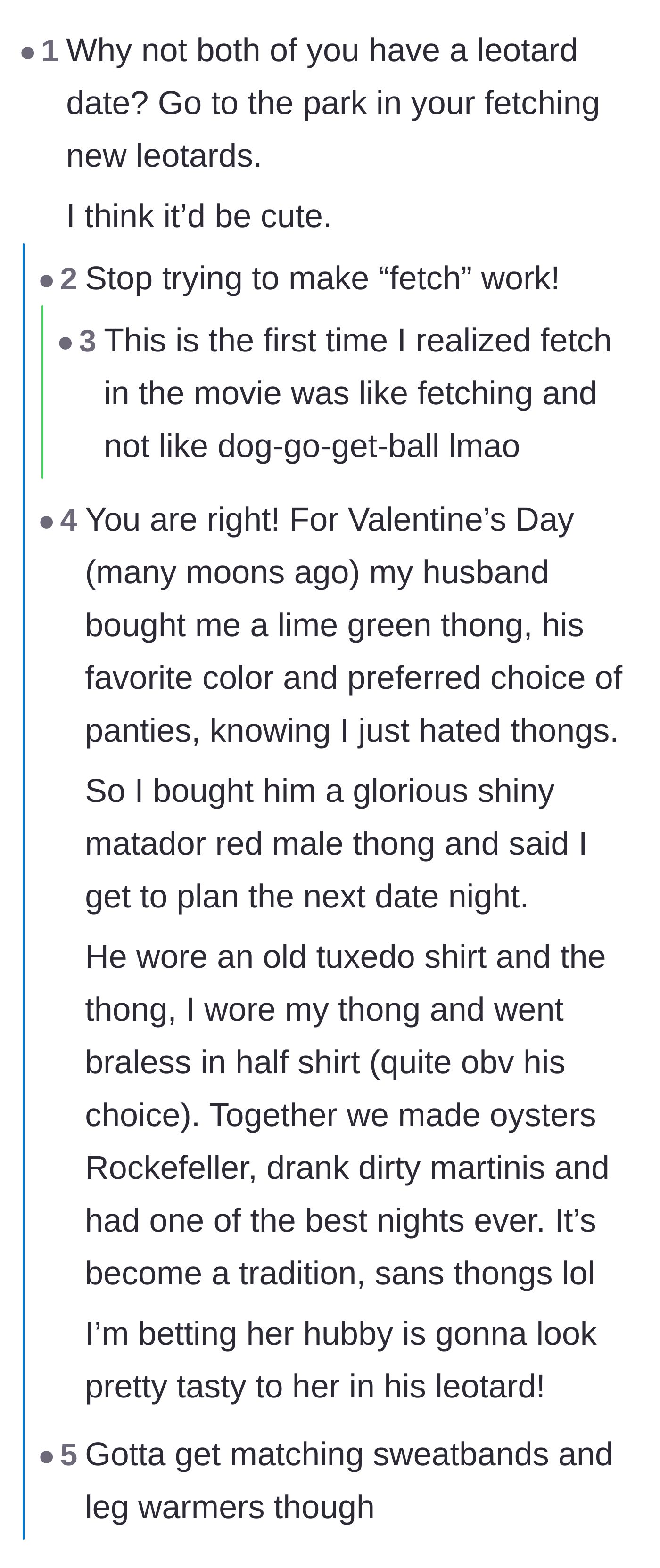 Comment thread 1 - A playful suggestion for a matching leotard date night and a heartwarming story about a couple's thong exchange.