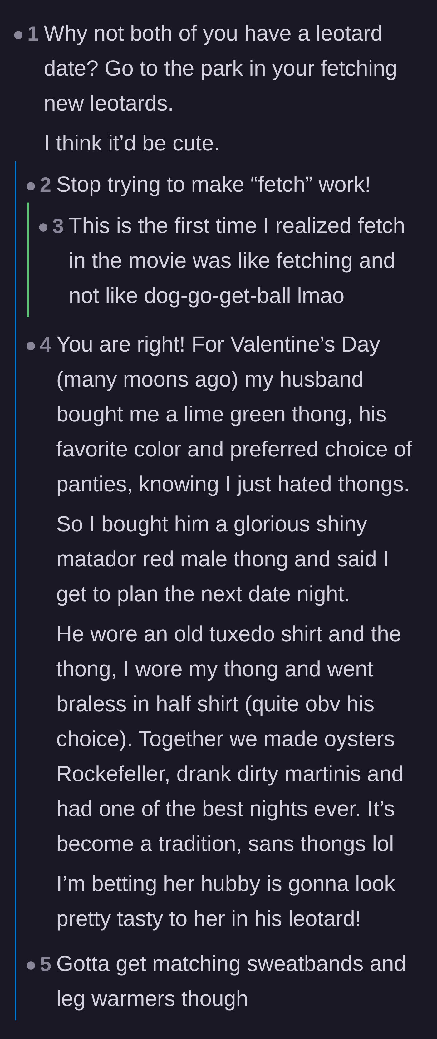 Comment thread 1 - A playful suggestion for a matching leotard date night and a heartwarming story about a couple's thong exchange.