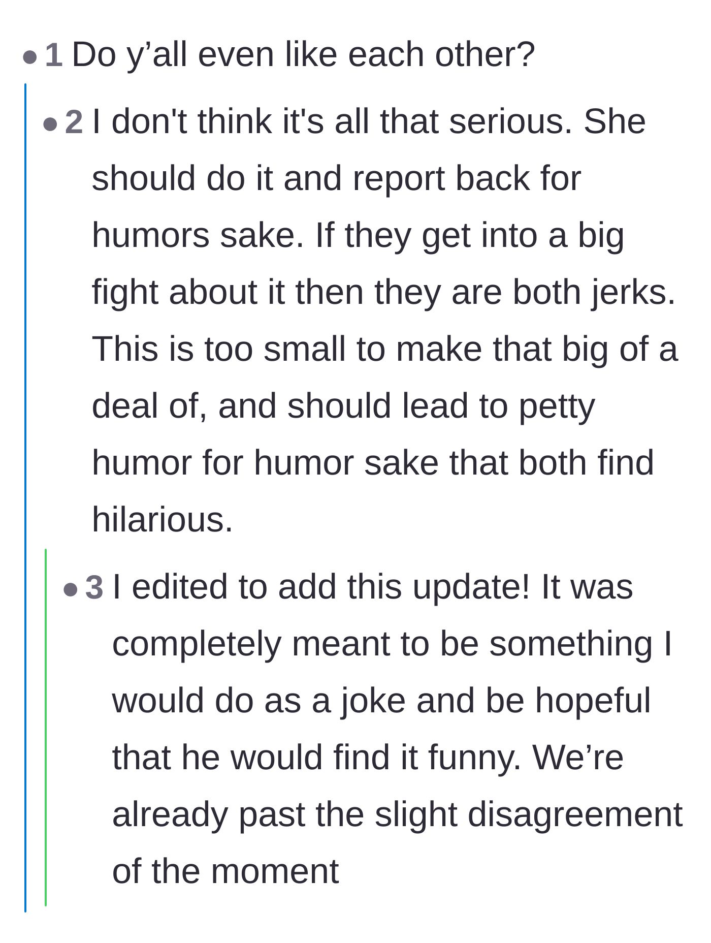 Comment thread 2 - A reader questioning the couple's affection and the original poster clarifying it was just a lighthearted joke.