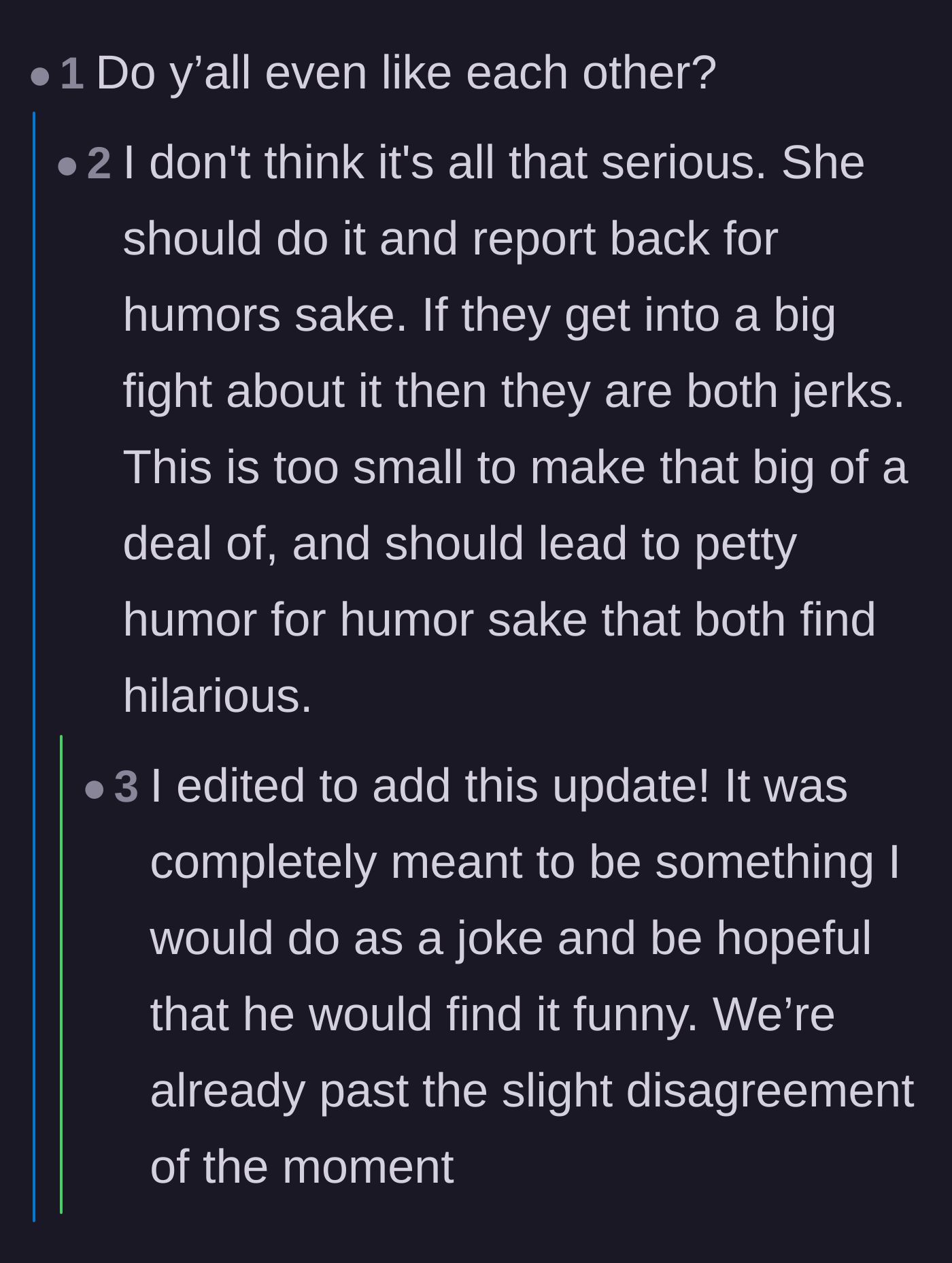 Comment thread 2 - A reader questioning the couple's affection and the original poster clarifying it was just a lighthearted joke.
