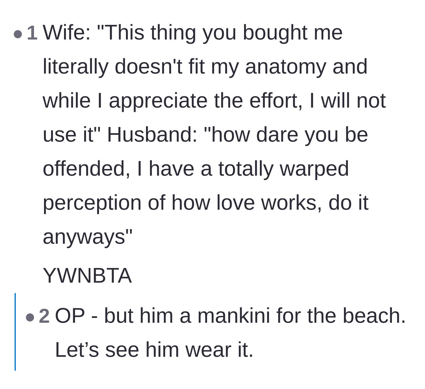 Comment thread 4 - A blunt translation of the couple's miscommunication and a suggestion to buy the husband a mankini.