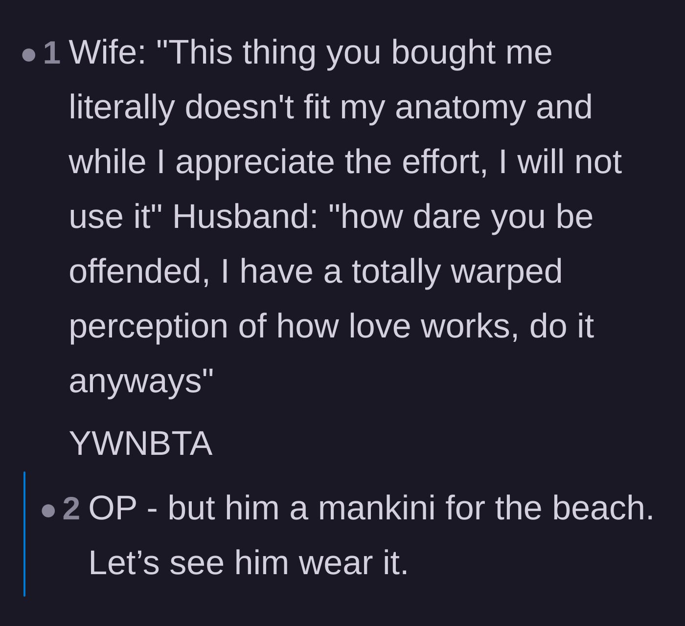 Comment thread 4 - A blunt translation of the couple's miscommunication and a suggestion to buy the husband a mankini.