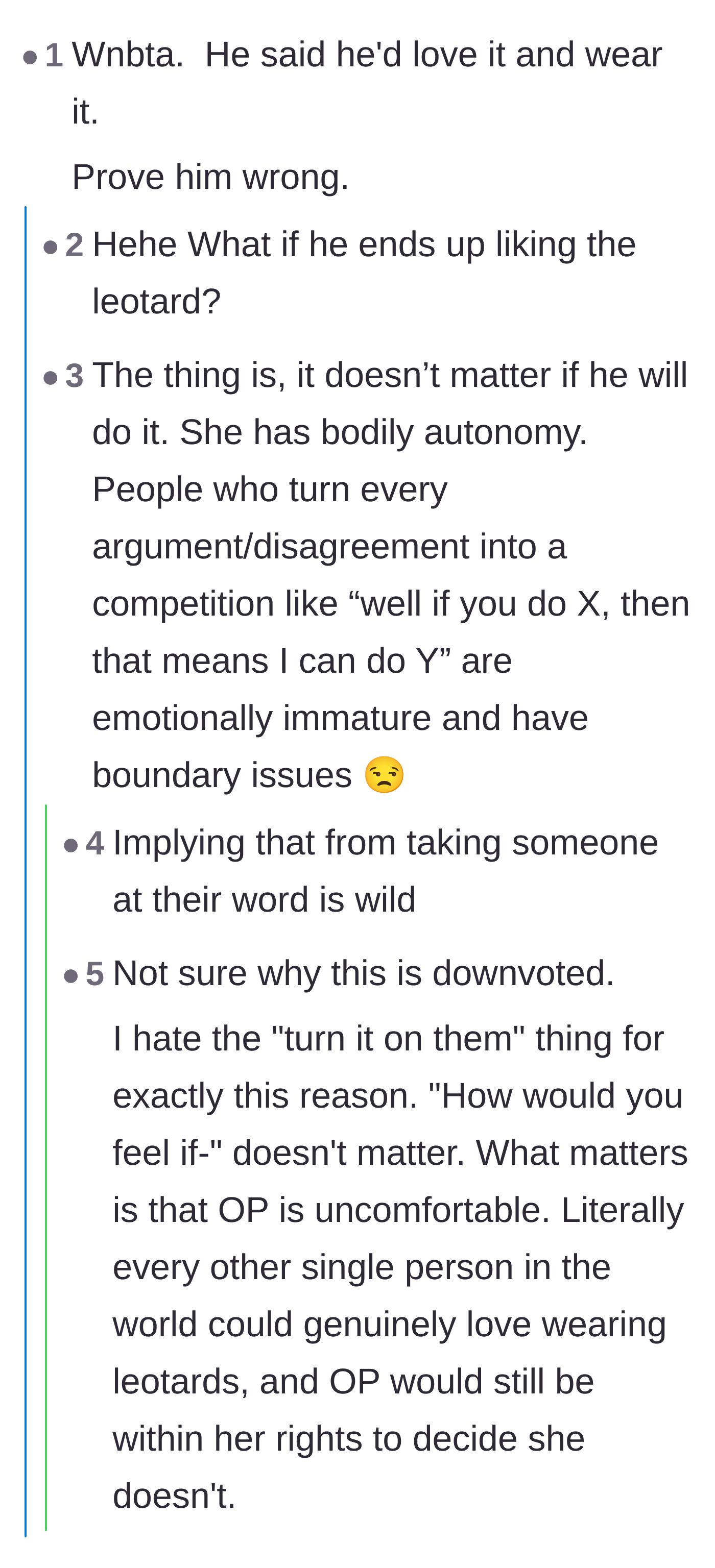 Comment thread 6 - A debate over bodily autonomy versus calling the husband's bluff with the leotard.