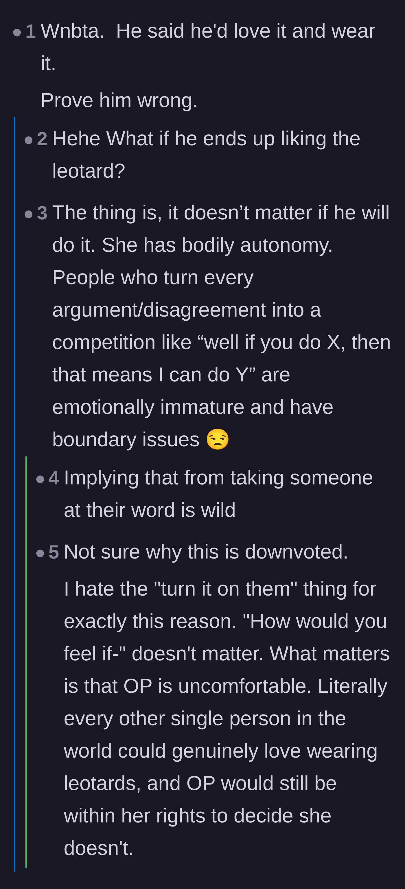 Comment thread 6 - A debate over bodily autonomy versus calling the husband's bluff with the leotard.