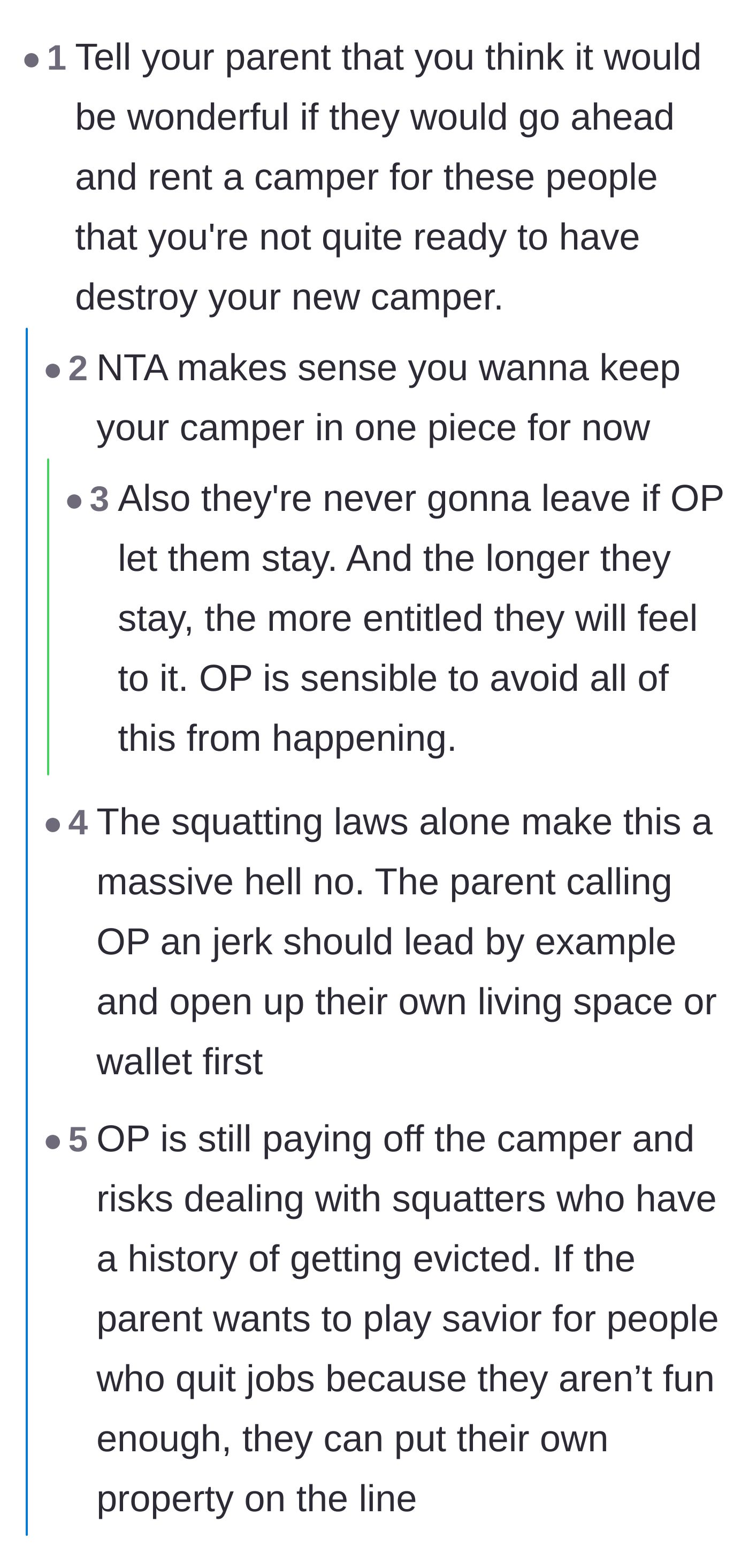 Comment thread 1 - A discussion on telling the enabling parent to rent their own camper for the freeloaders and the severe risks of squatter laws.