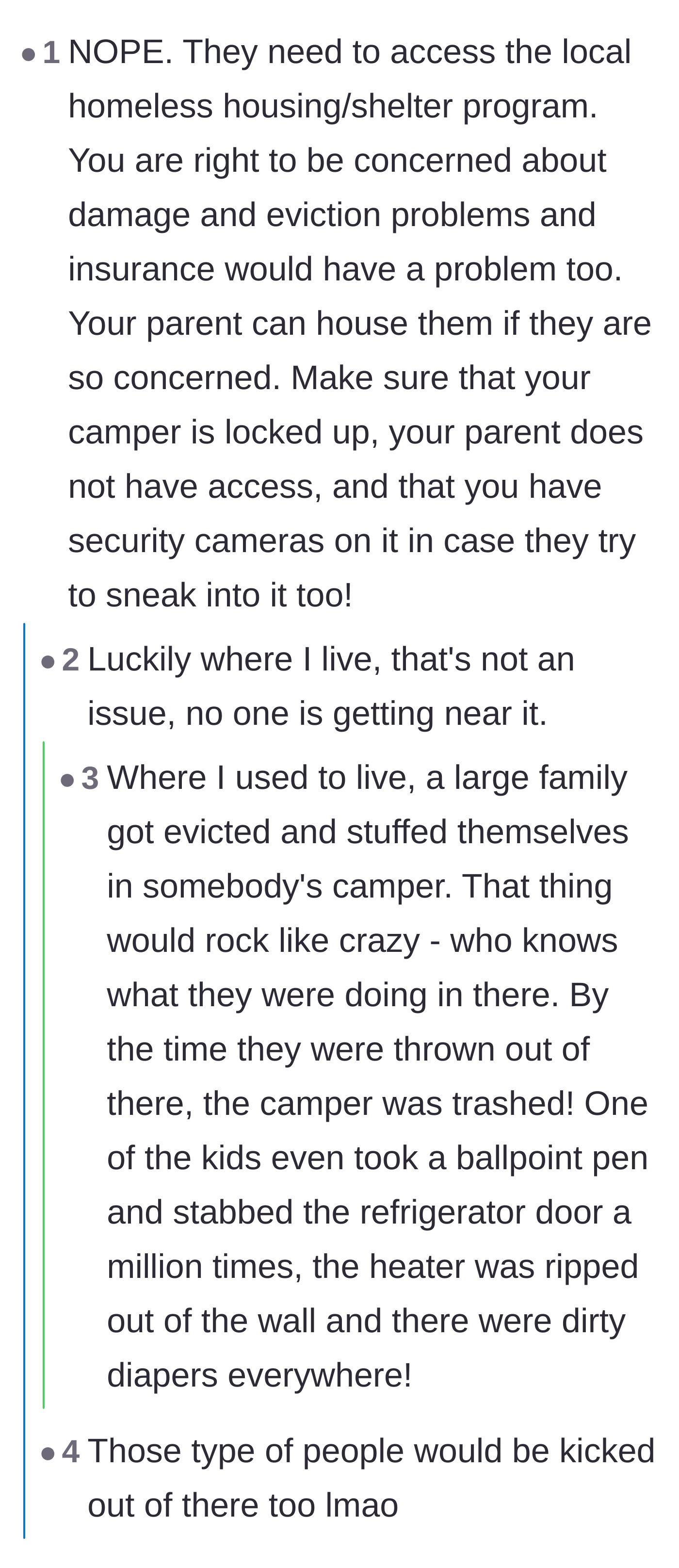 Comment thread 2 - Advice on locking down the camper, complete with horror stories of severe property damage caused by evicted tenants.