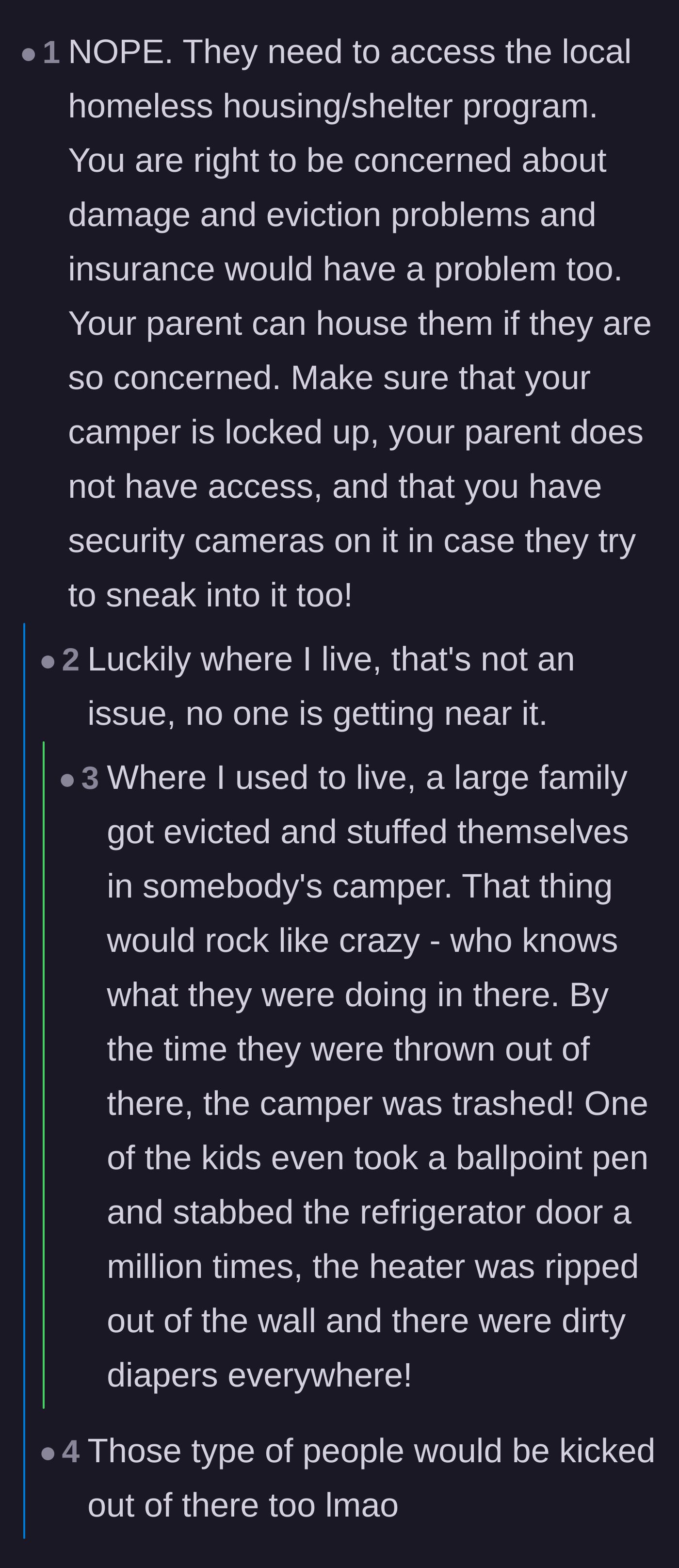 Comment thread 2 - Advice on locking down the camper, complete with horror stories of severe property damage caused by evicted tenants.