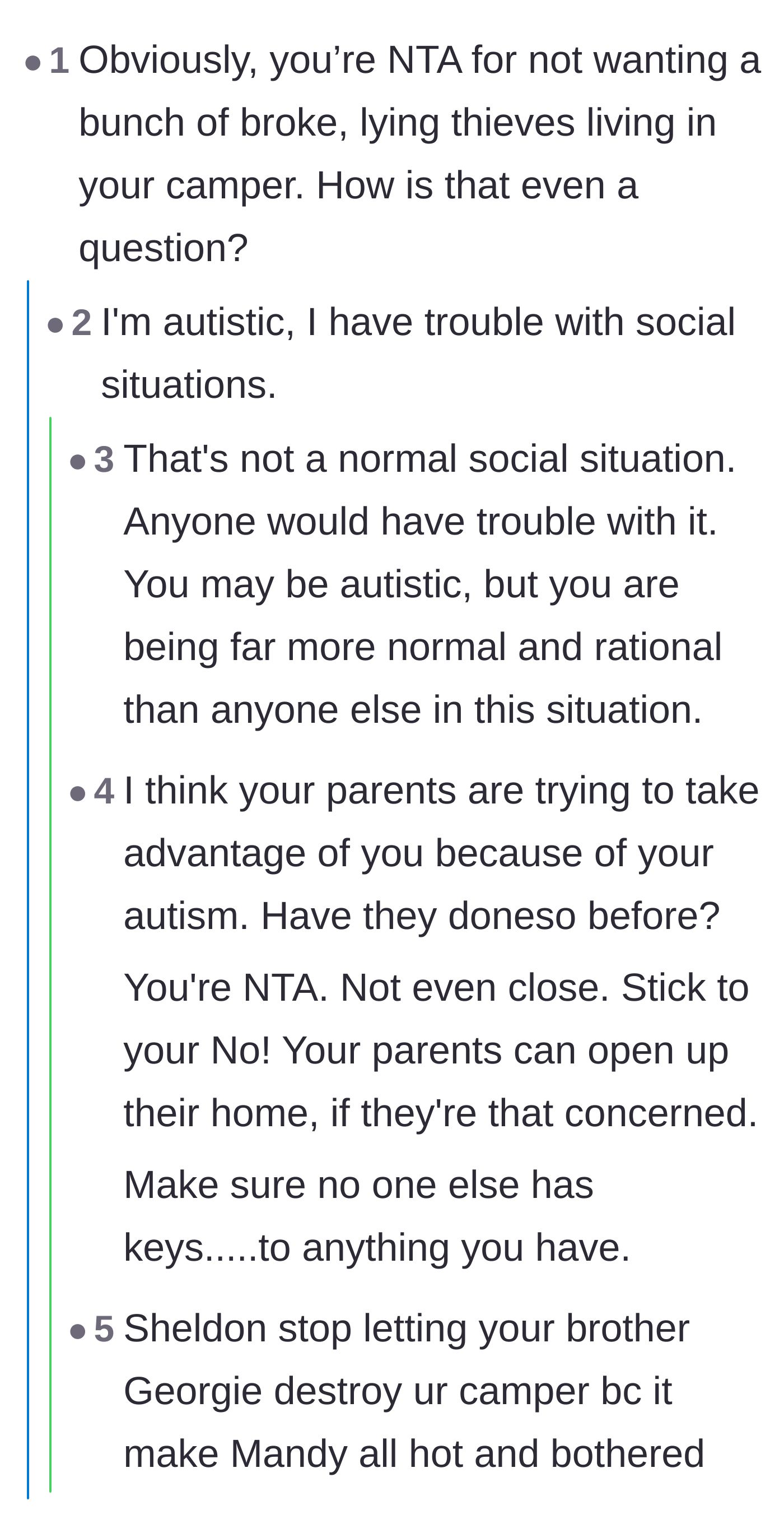 Comment thread 3 - Support for the autistic main character whose parents historically weaponized their social struggles to bypass boundaries.