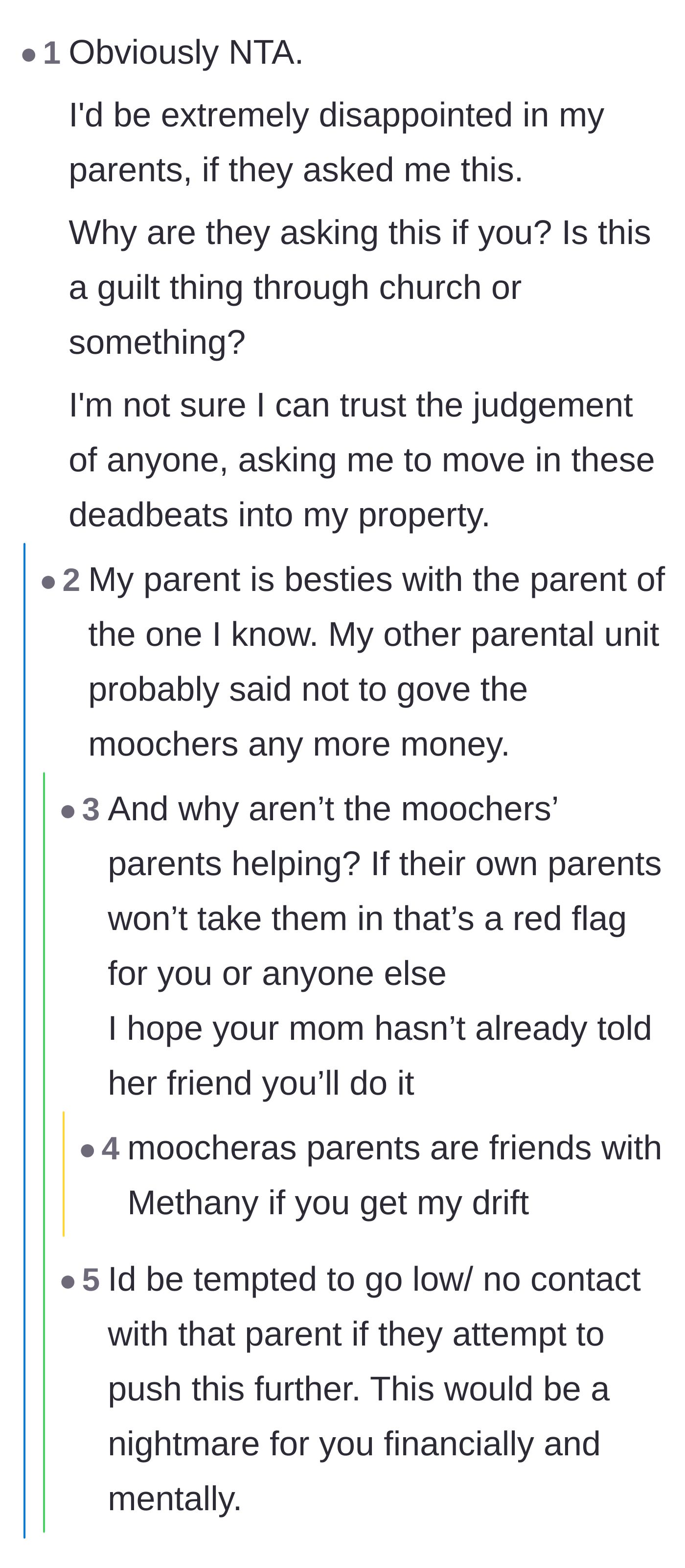 Comment thread 6 - Revelations that the freeloaders' own parents won't house them, validating the main character's decision to decline.
