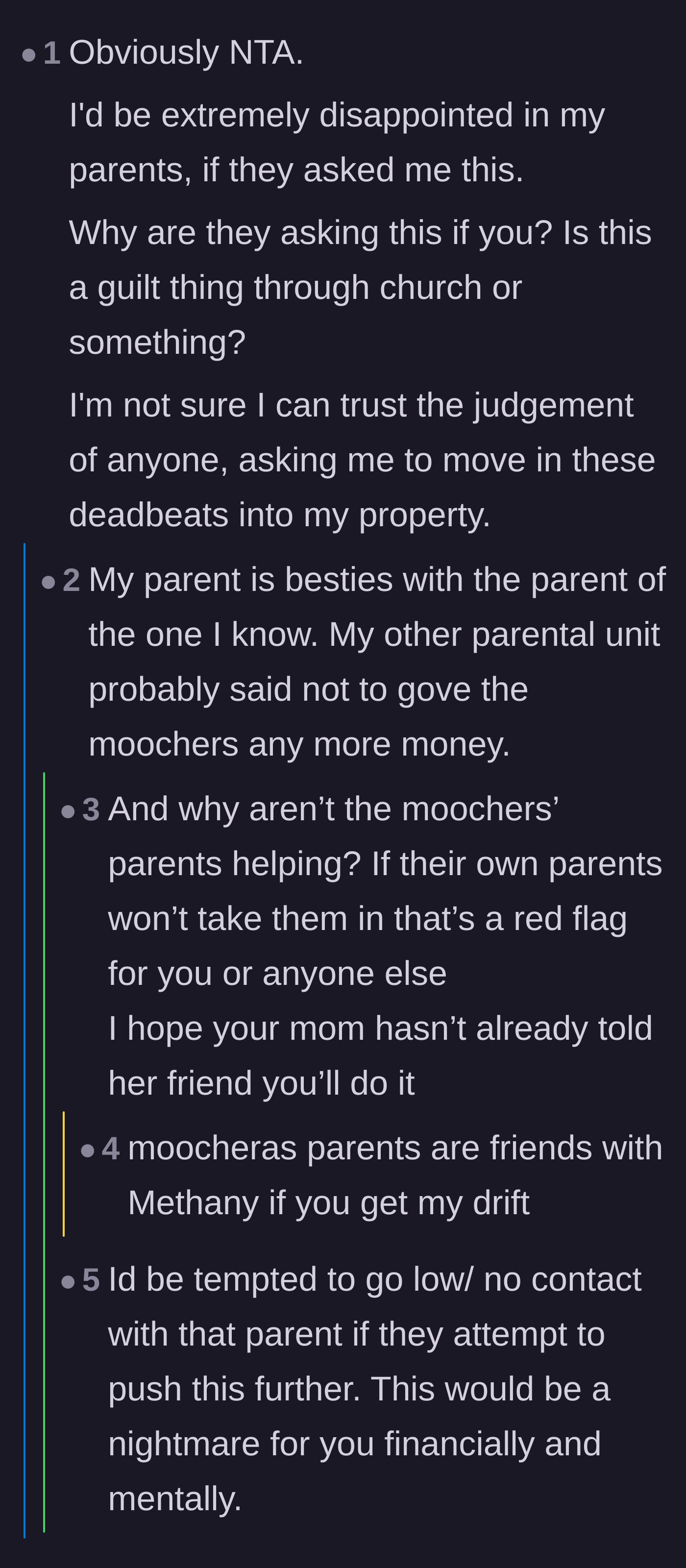 Comment thread 6 - Revelations that the freeloaders' own parents won't house them, validating the main character's decision to decline.