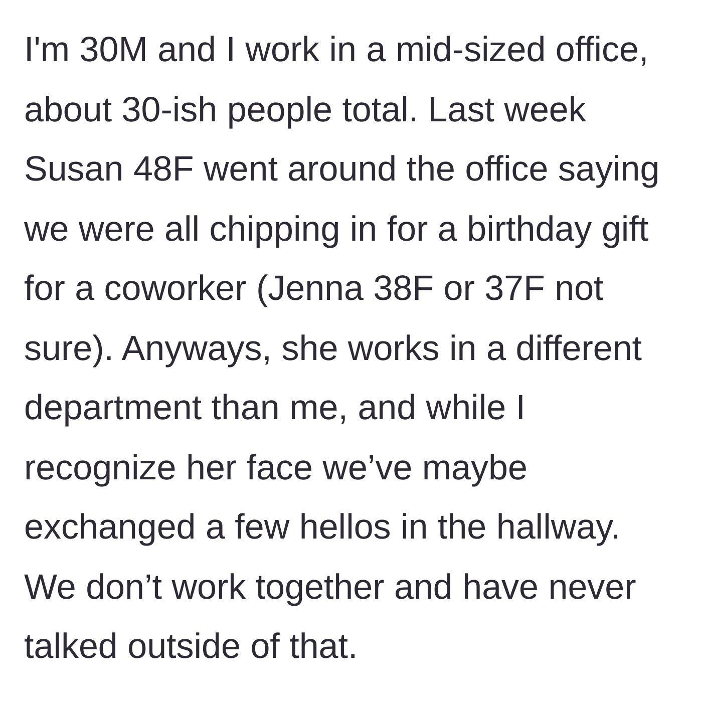 Story part 1 - The main character introduces the 30-person office setting and Susan, the self-appointed party planner demanding money for a coworker he barely knows.