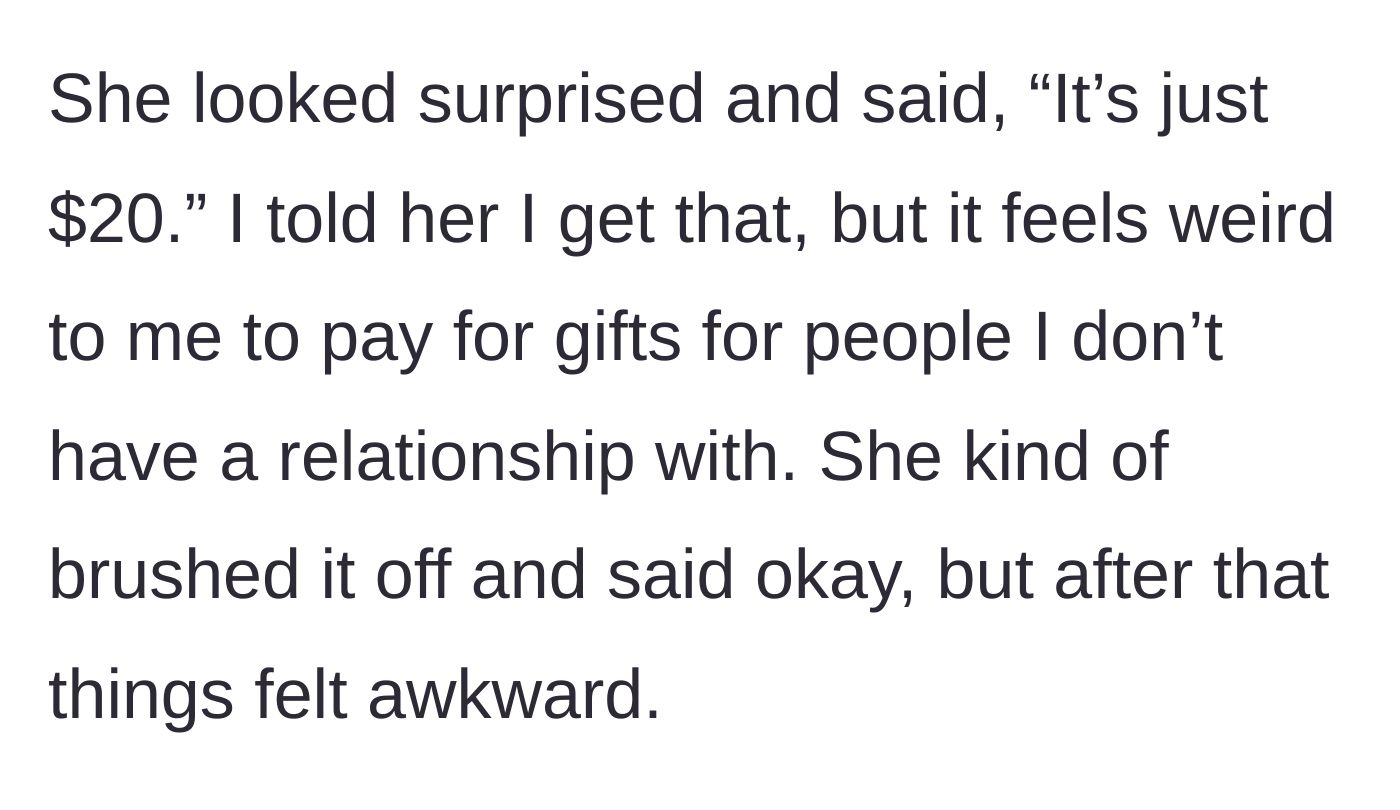 Story part 3 - Susan guilts him by saying 'it's just $20,' ignoring his entirely reasonable boundary.
