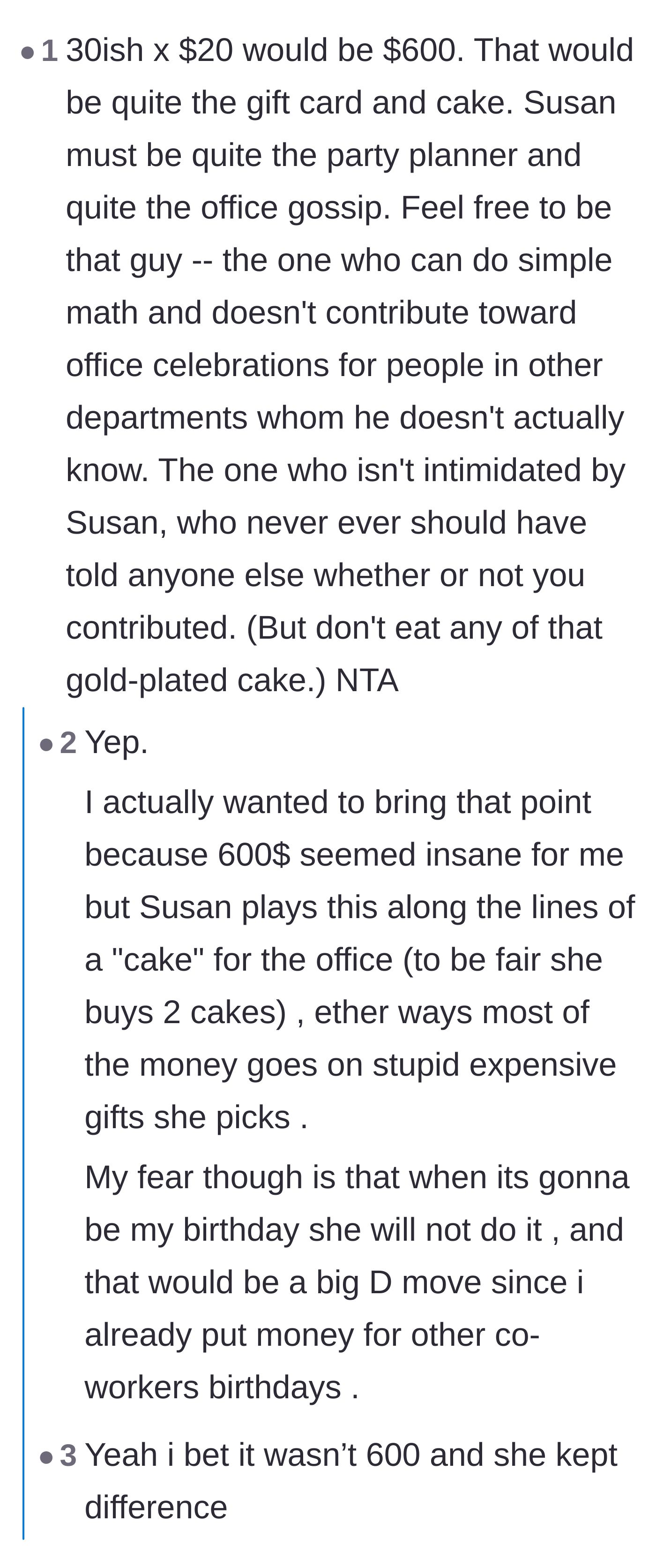 Comment thread 1 - Readers do the math on a $600 birthday pool and accuse the organizer of running a workplace scam.