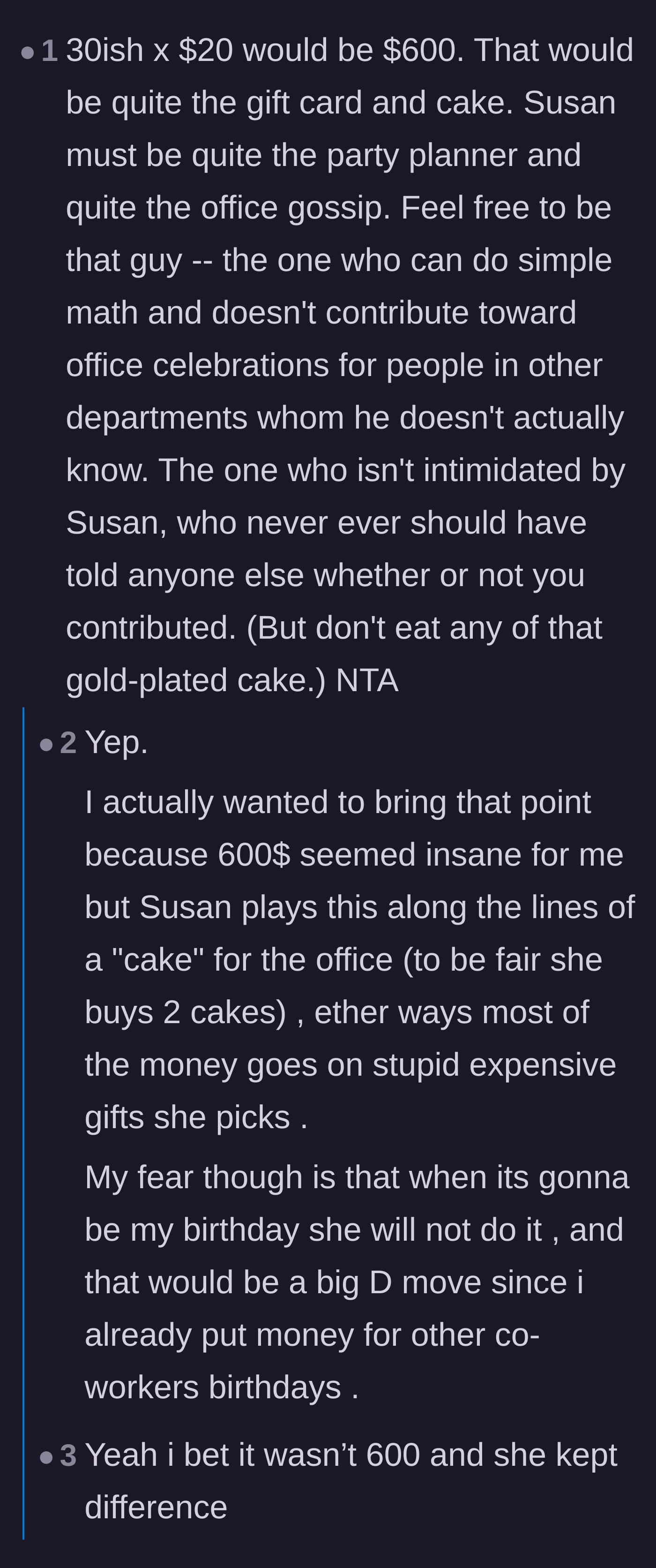 Comment thread 1 - Readers do the math on a $600 birthday pool and accuse the organizer of running a workplace scam.