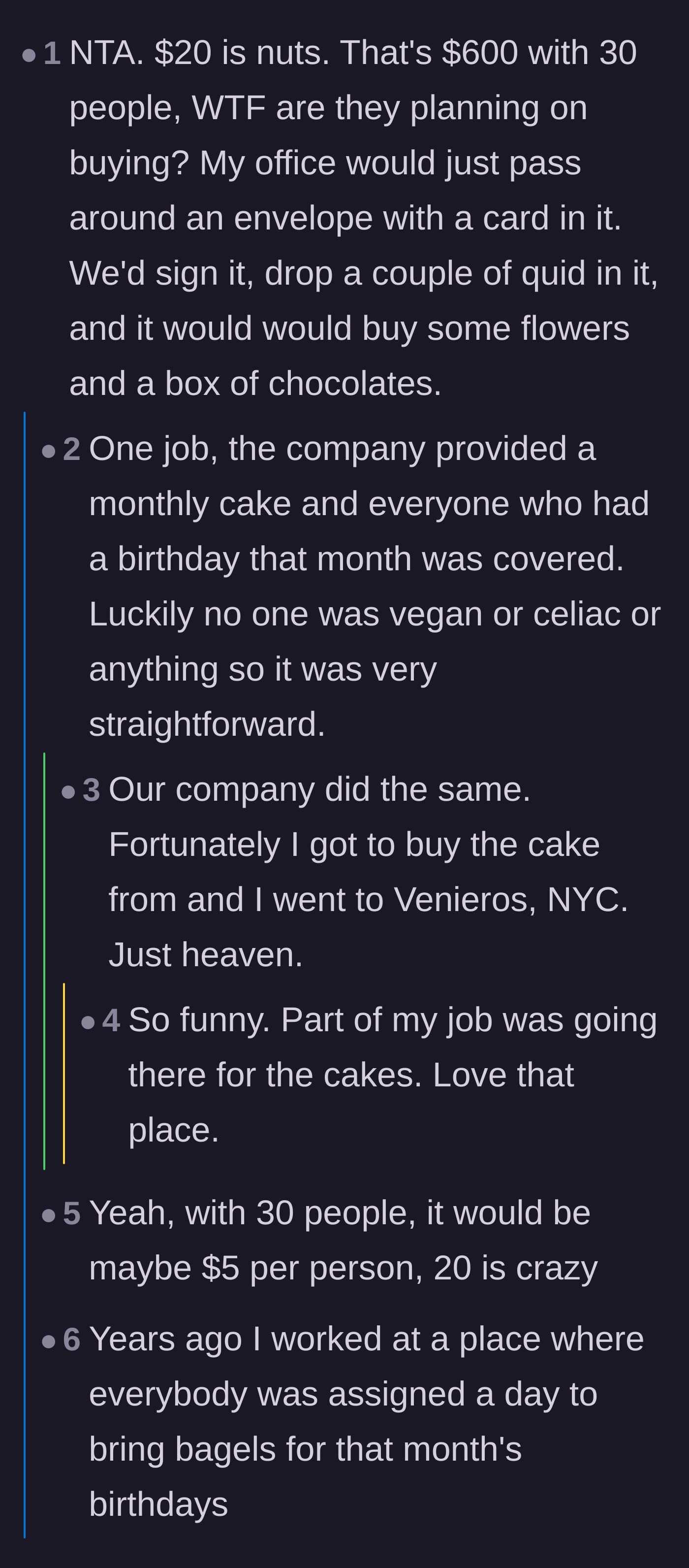 Comment thread 2 - Users share normal office birthday traditions like passing an envelope for spare change.