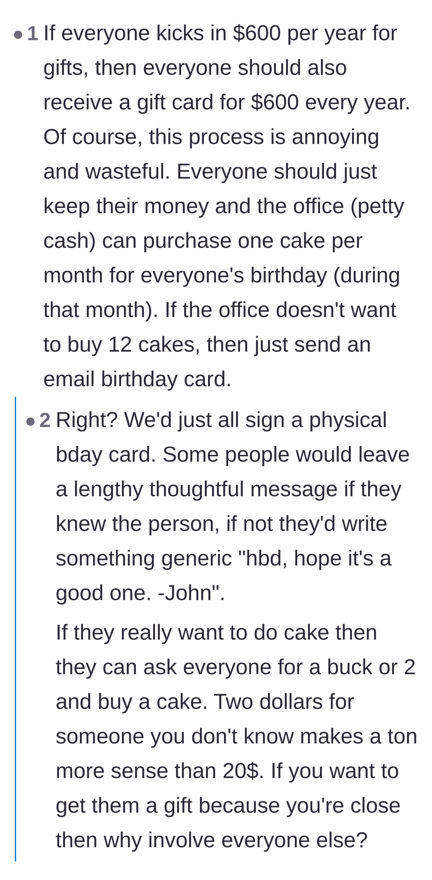 Comment thread 4 - Debating how companies should foot the bill for office parties instead of employees.
