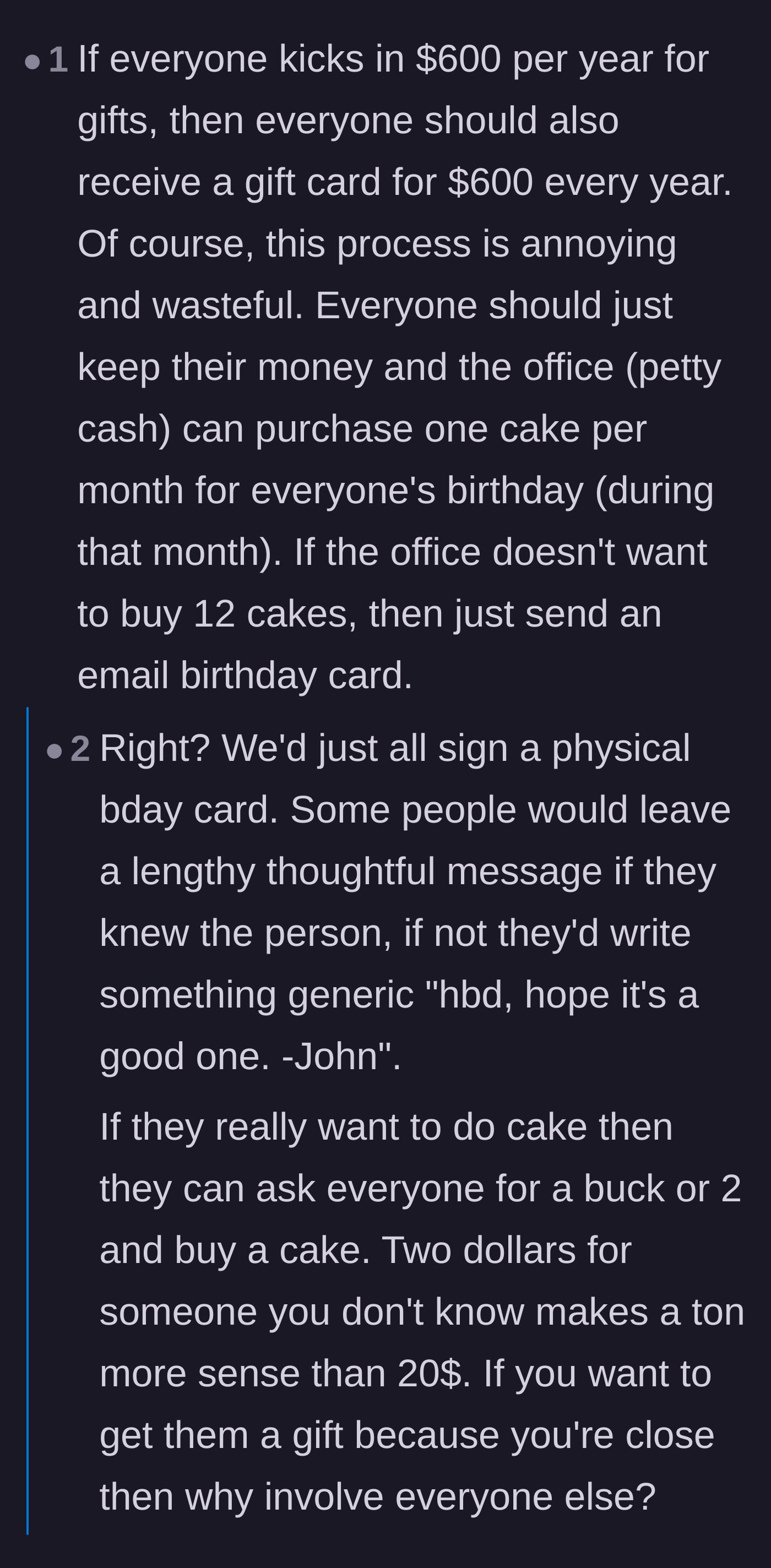 Comment thread 4 - Debating how companies should foot the bill for office parties instead of employees.