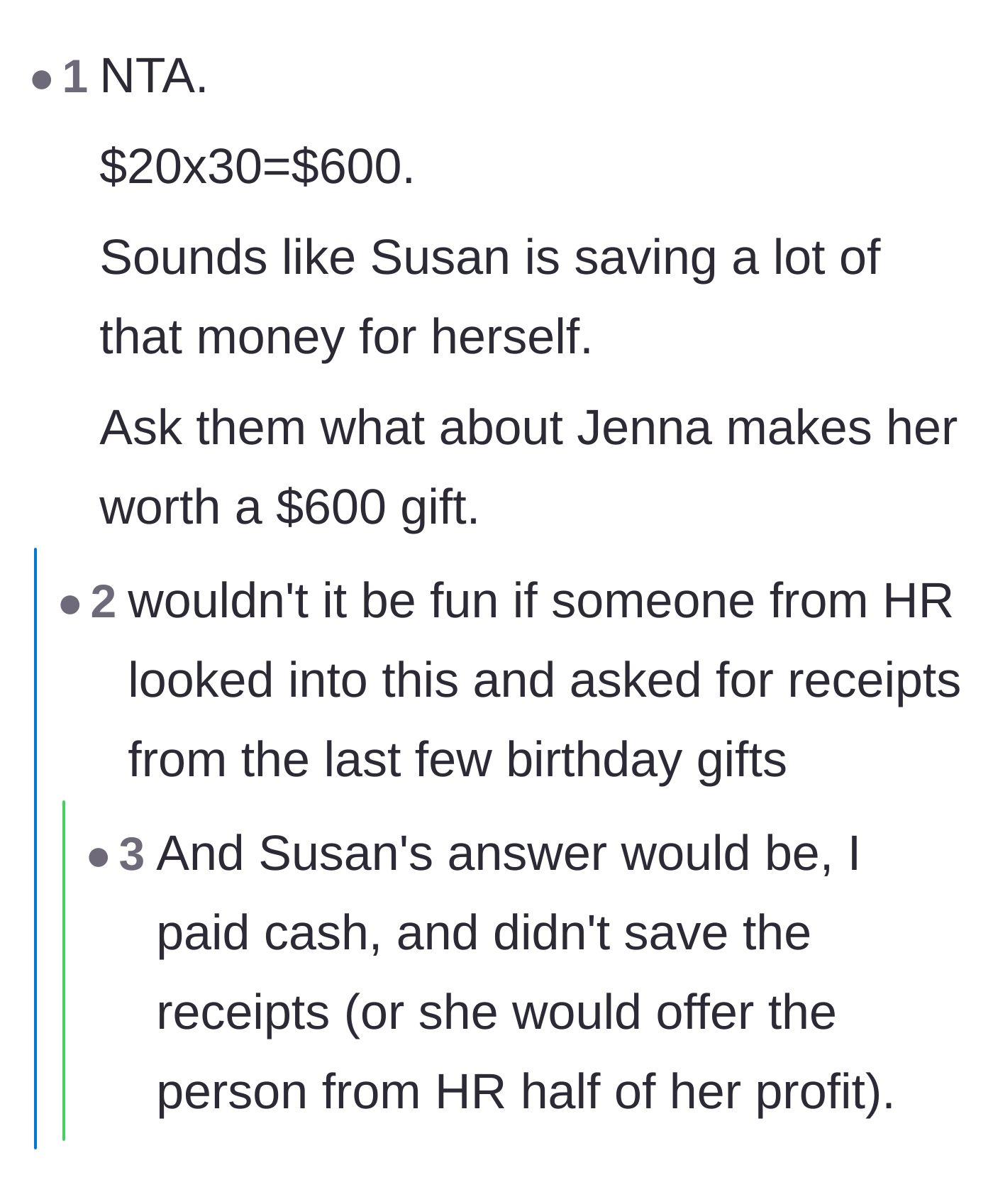 Comment thread 5 - Suggestions that HR should demand receipts from Susan to see where the money is going.