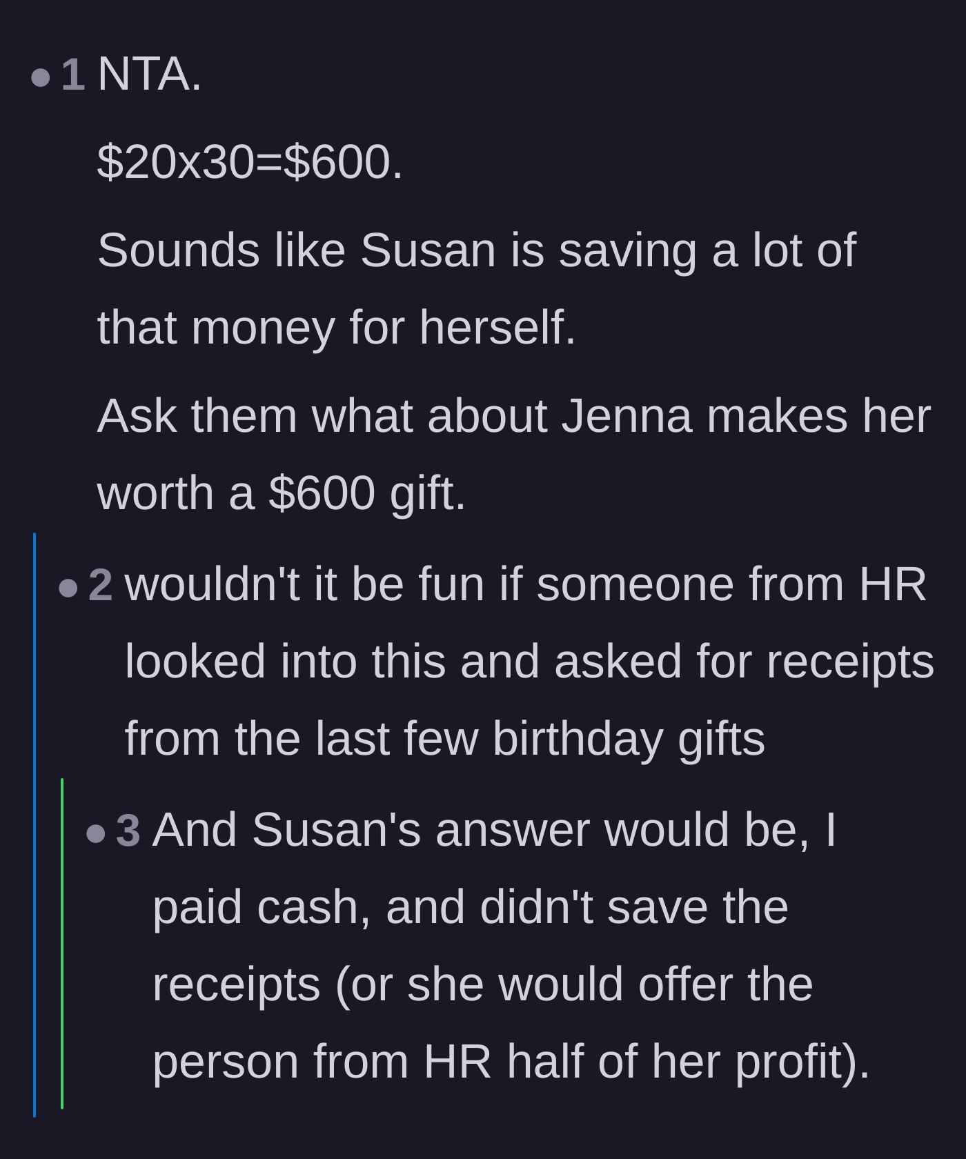Comment thread 5 - Suggestions that HR should demand receipts from Susan to see where the money is going.