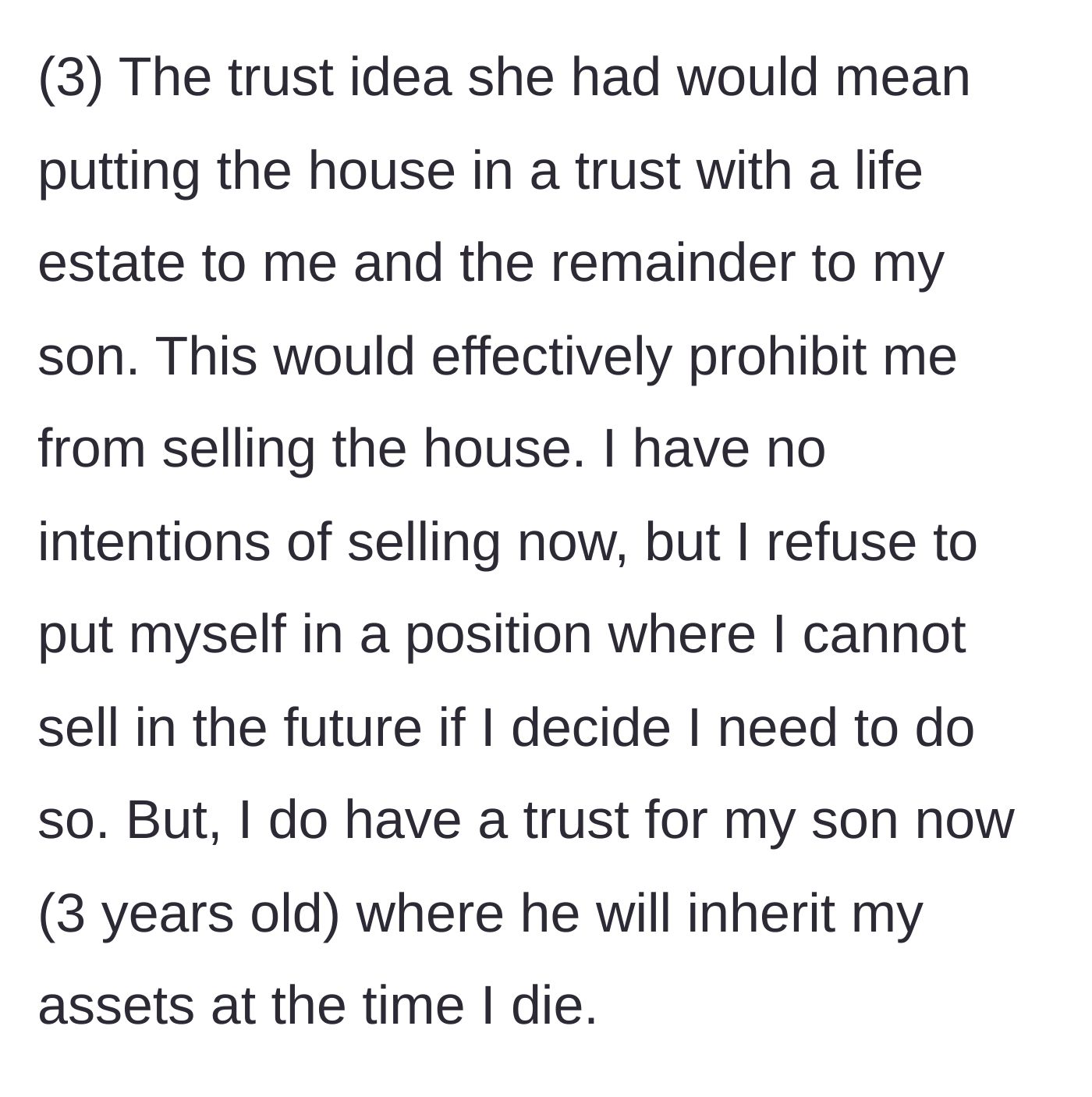Story part 13 - An edit breaking down the legal trap of her trust idea, noting he already has a standard trust set up for his son.