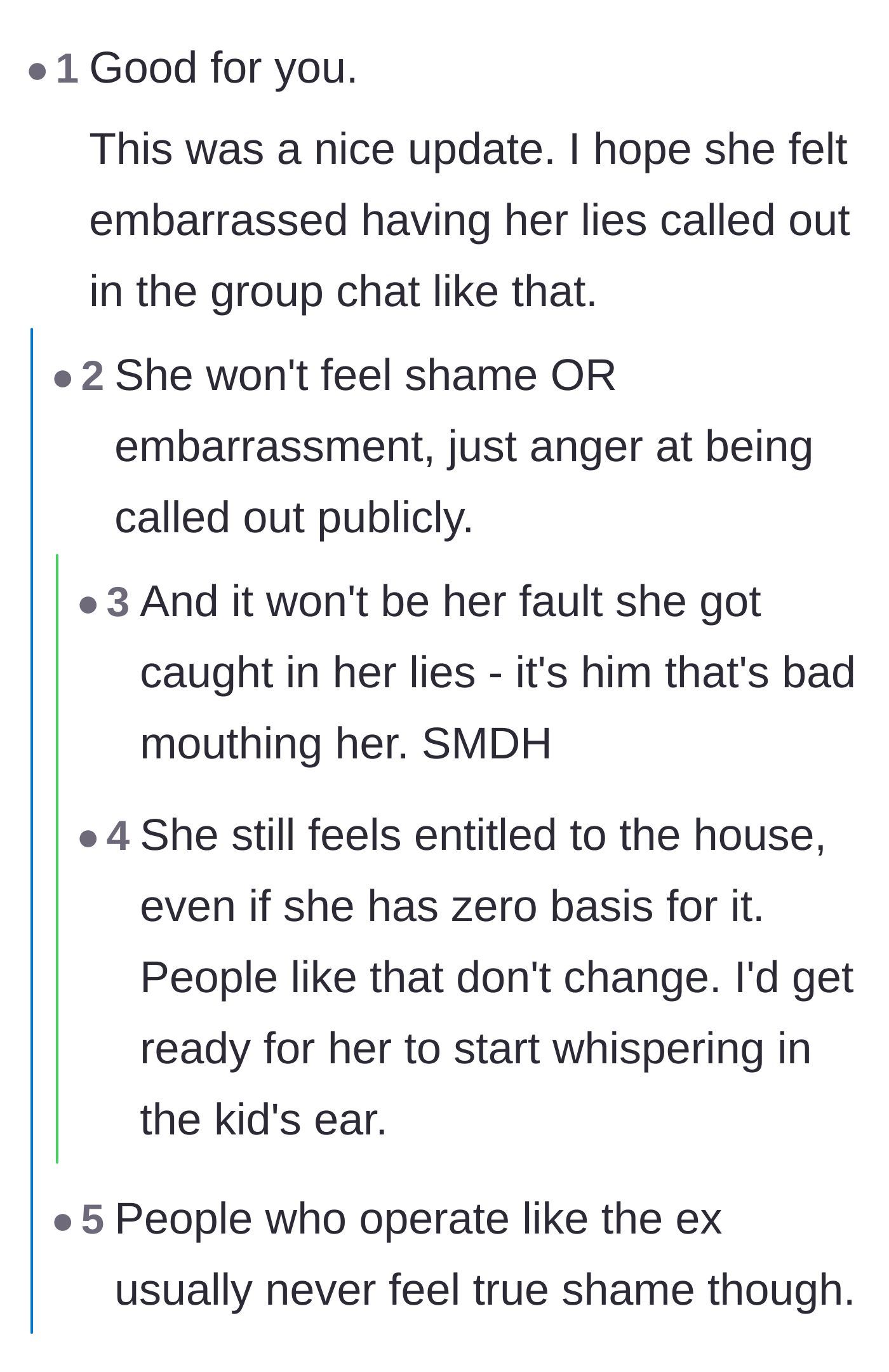 Comment thread 1 - Discussing how the ex-wife will likely feel anger rather than shame after being exposed in the family group chat.