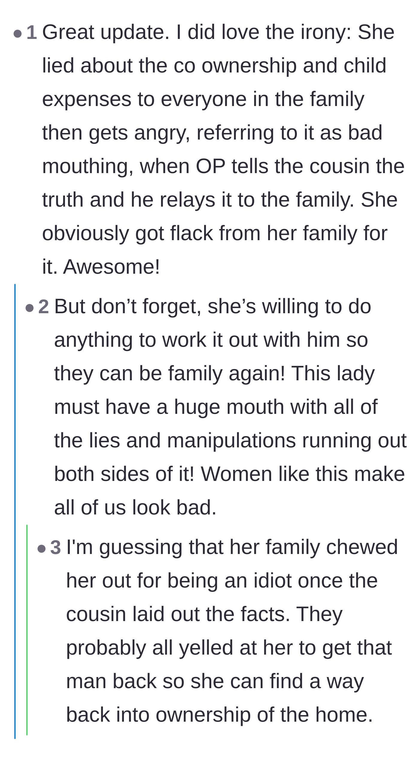 Comment thread 4 - Celebrating the irony of the ex-wife accusing the author of bad-mouthing her just for telling the truth.