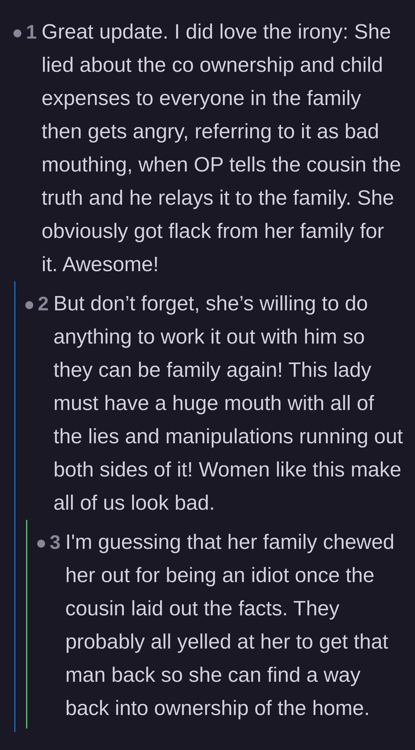 Comment thread 4 - Celebrating the irony of the ex-wife accusing the author of bad-mouthing her just for telling the truth.