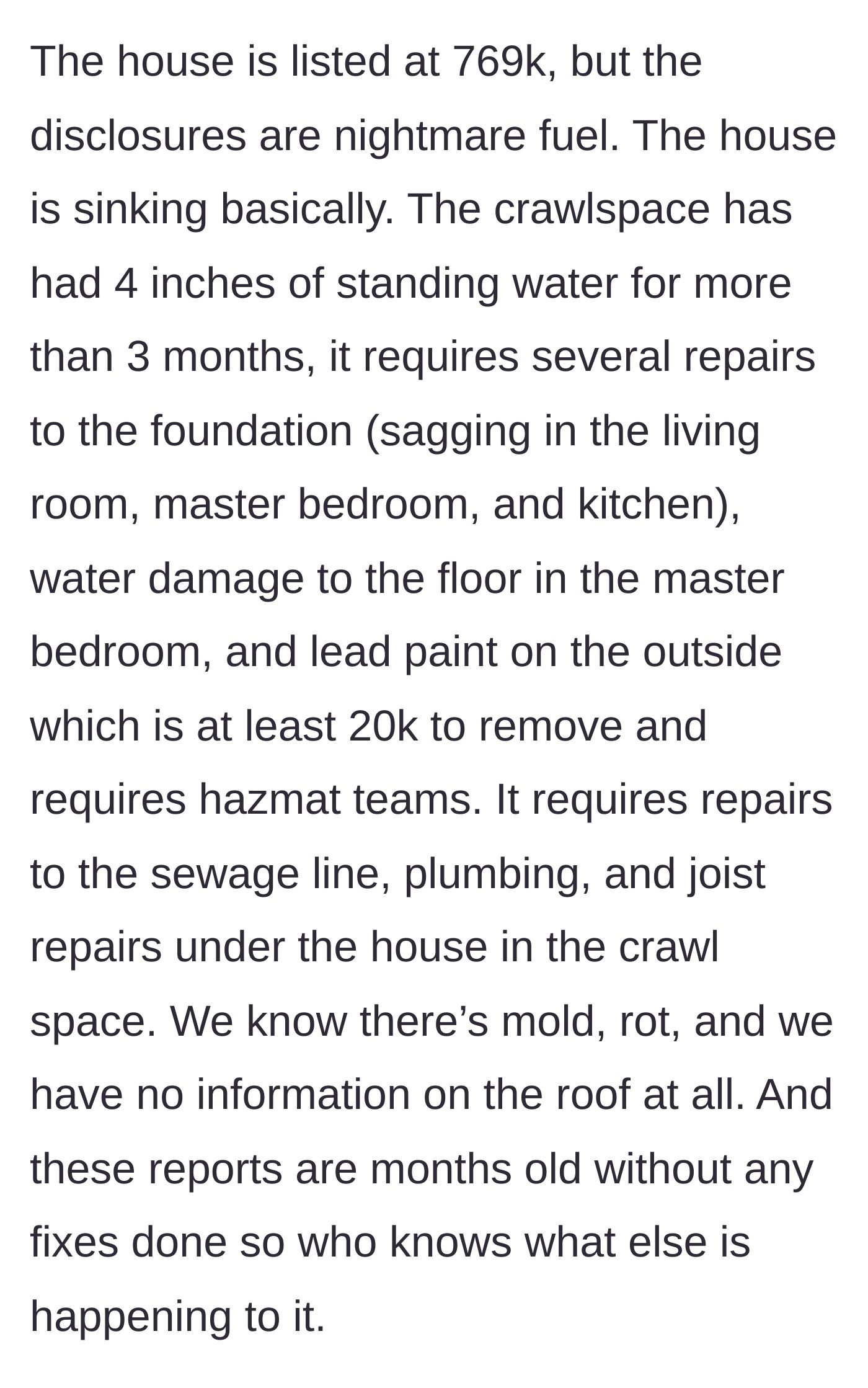 Story part 4 - A terrifying list of inspection disclosures reveals standing water, foundation failure, lead paint, and mold.