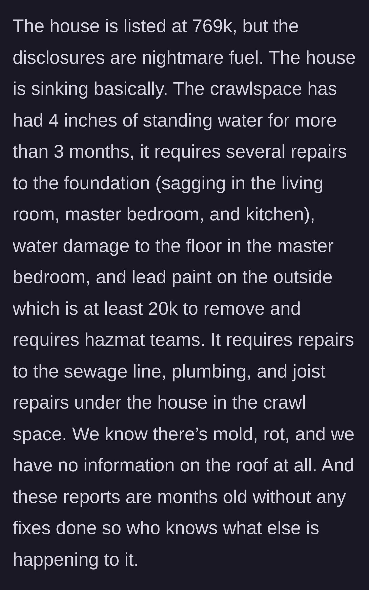 Story part 4 - A terrifying list of inspection disclosures reveals standing water, foundation failure, lead paint, and mold.