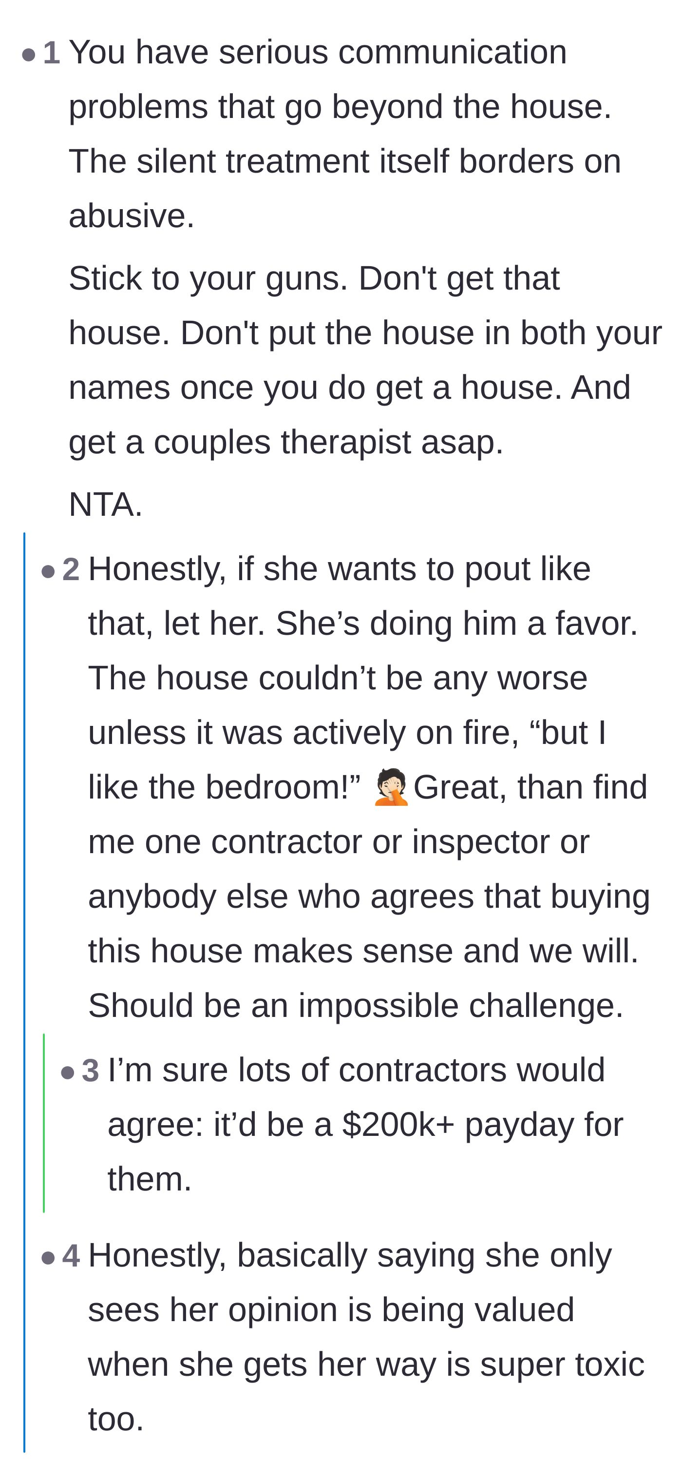 Comment thread 2 - Discussion on the toxic nature of the fiancée's silent treatment and the absurdity of buying a sinking home.
