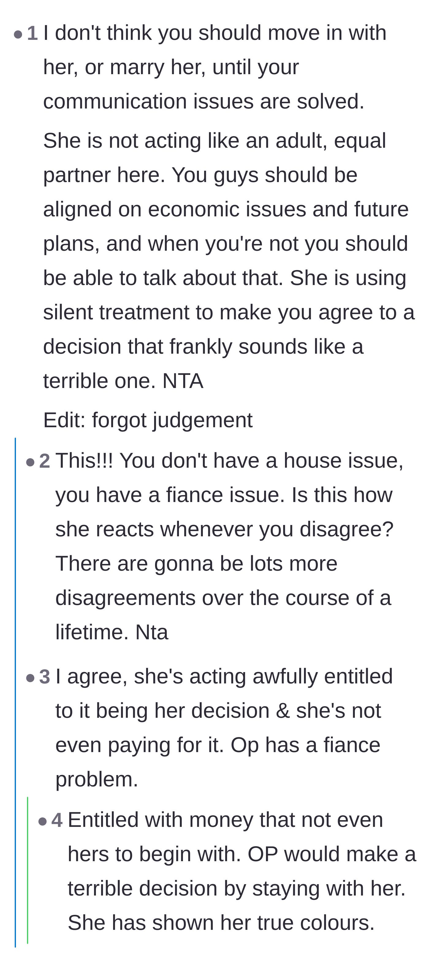 Comment thread 3 - Warning that the main character has a fiancée problem, not a house problem, due to her entitlement to his father's money.