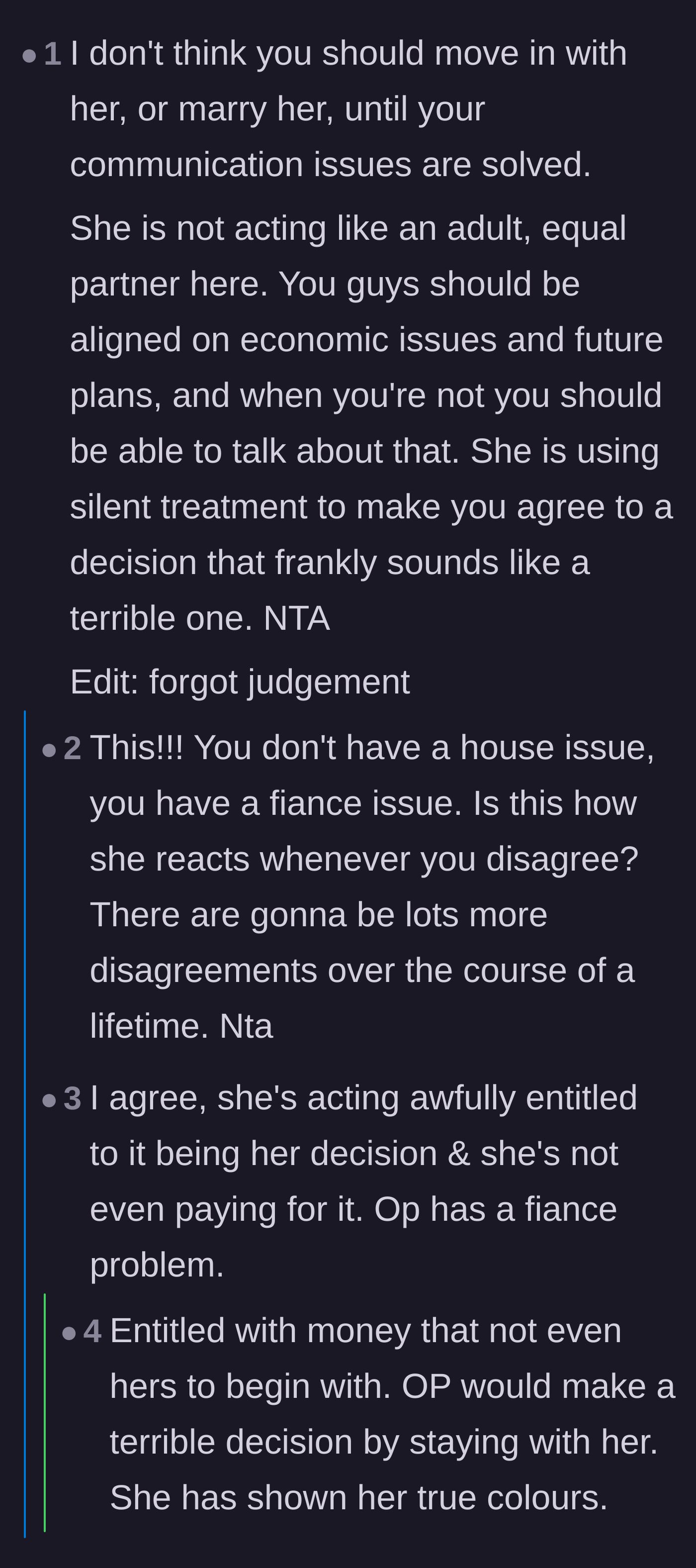 Comment thread 3 - Warning that the main character has a fiancée problem, not a house problem, due to her entitlement to his father's money.