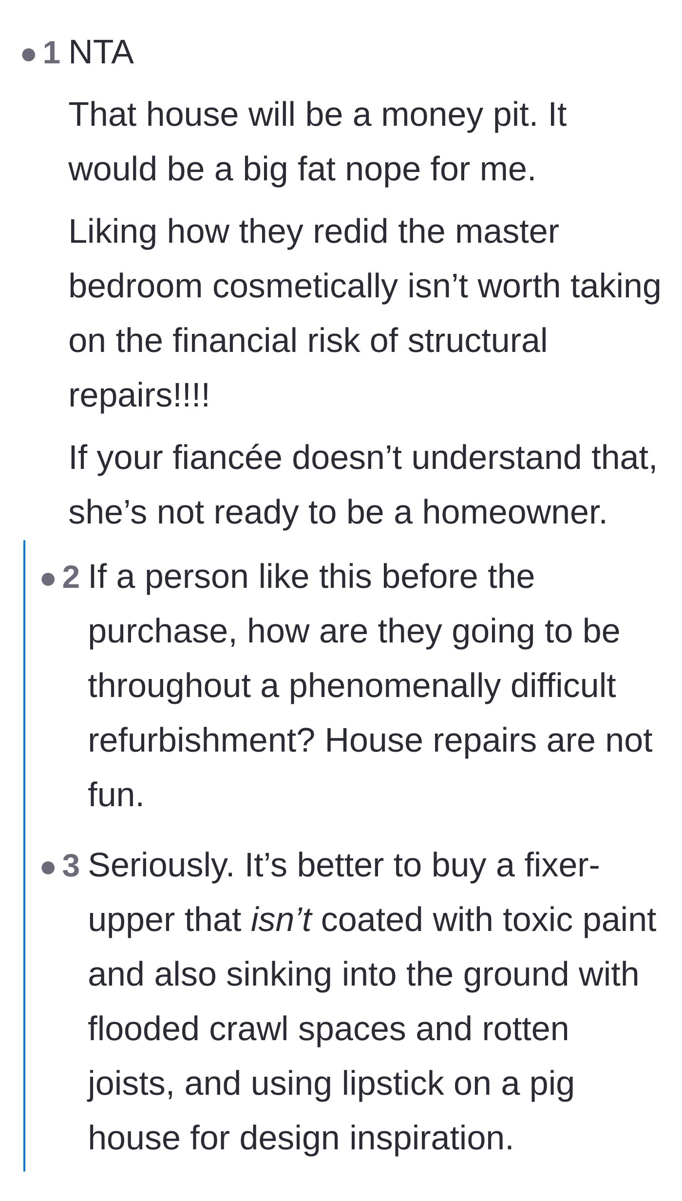 Comment thread 5 - Debate over the fiancée's obsession with cosmetic updates while entirely ignoring catastrophic structural hazards.