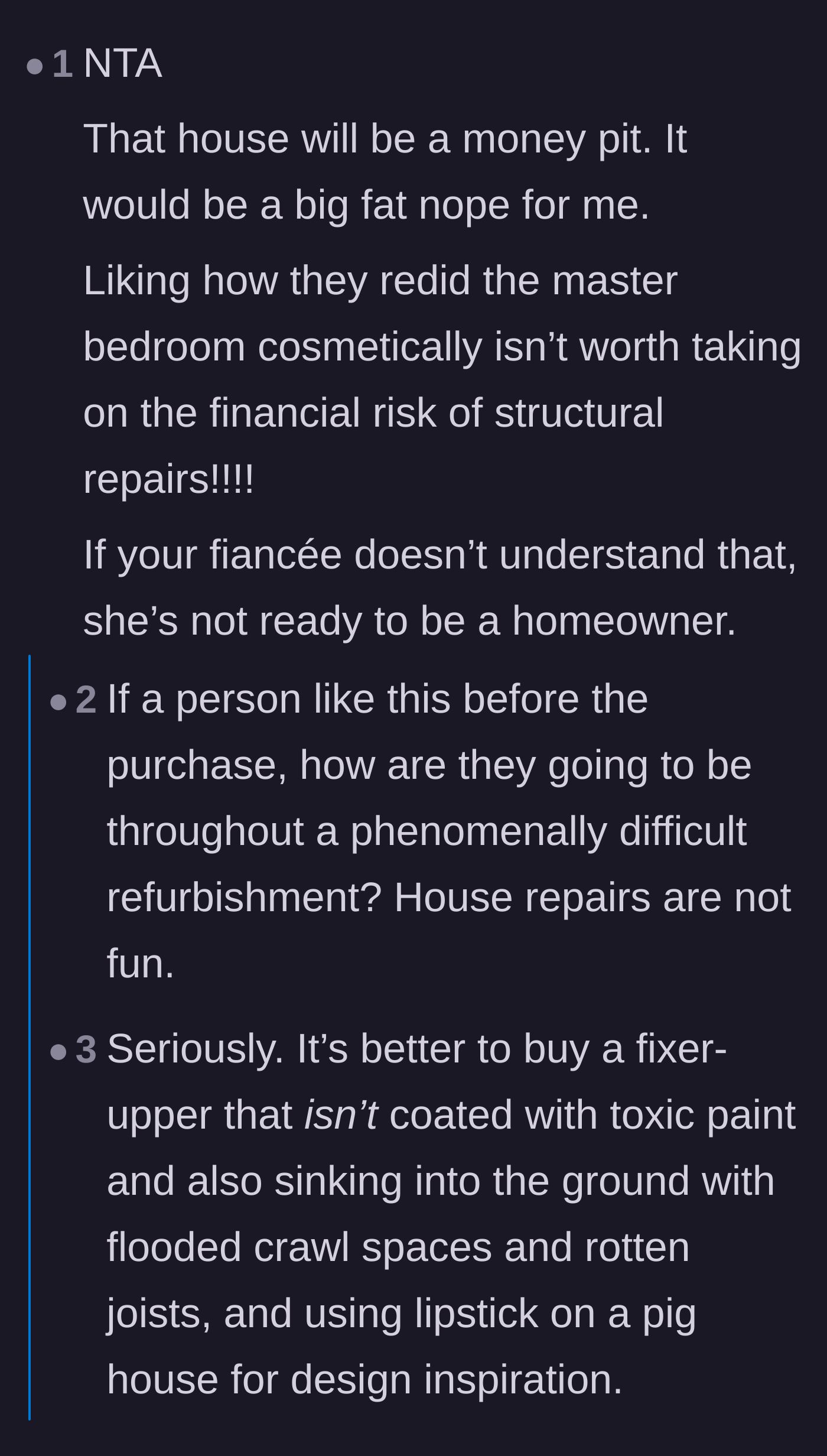 Comment thread 5 - Debate over the fiancée's obsession with cosmetic updates while entirely ignoring catastrophic structural hazards.