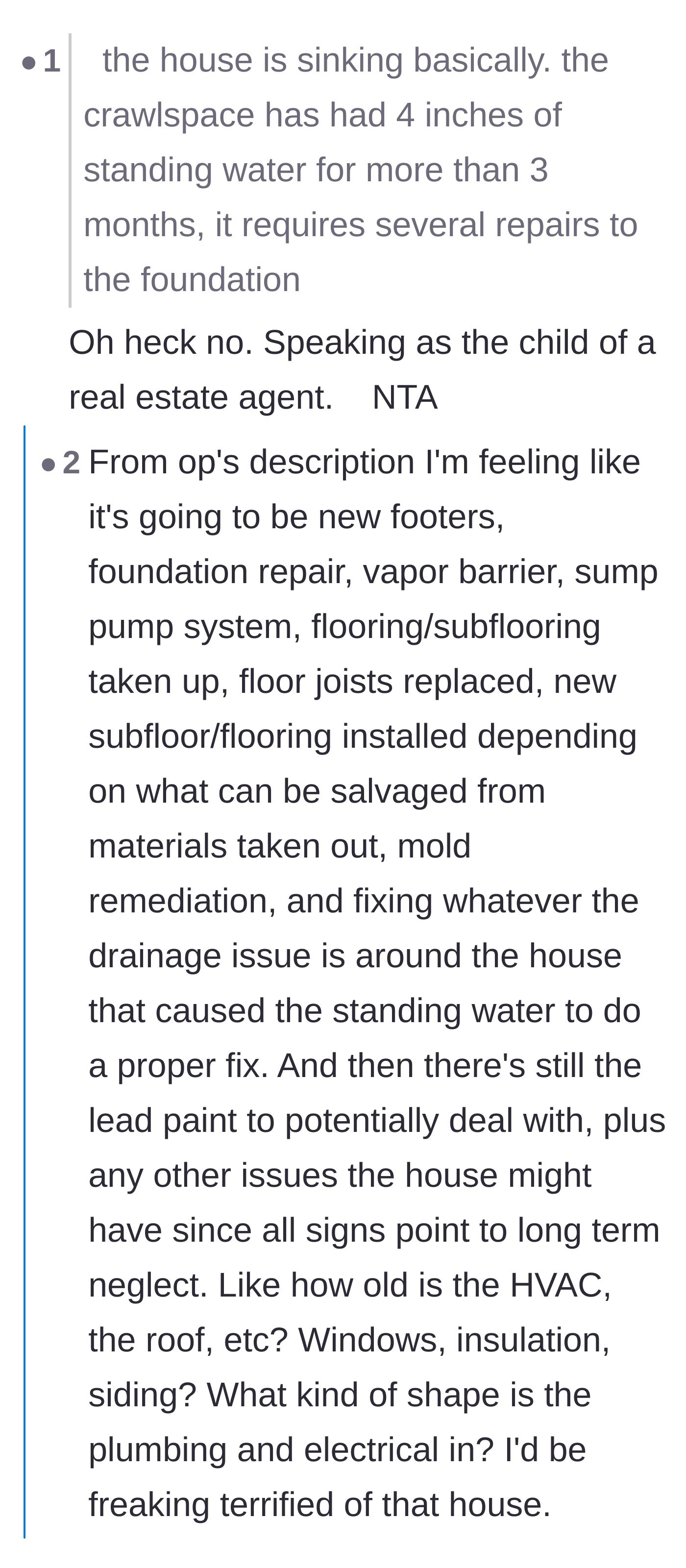 Comment thread 6 - A detailed breakdown of the extensive, terrifying repairs needed, dubbing the property a total tear-down.