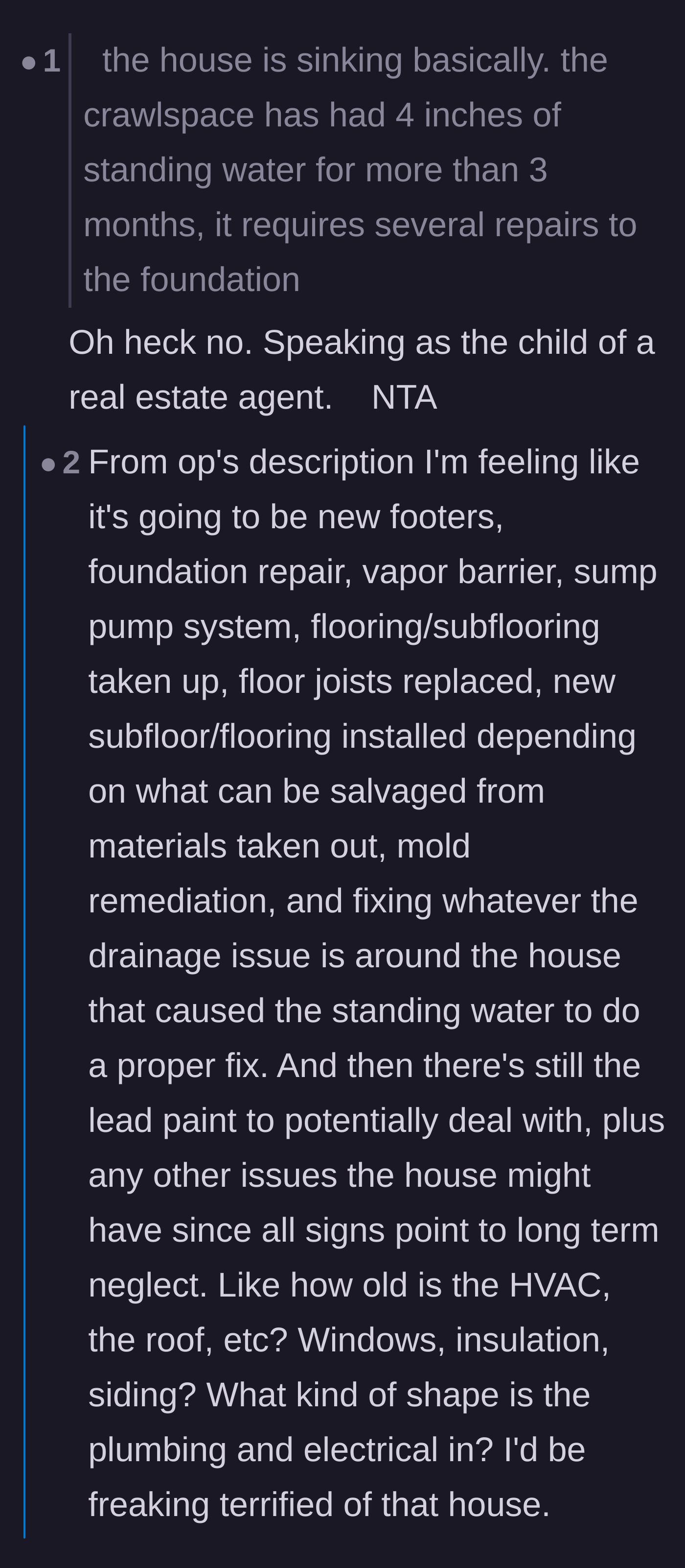 Comment thread 6 - A detailed breakdown of the extensive, terrifying repairs needed, dubbing the property a total tear-down.