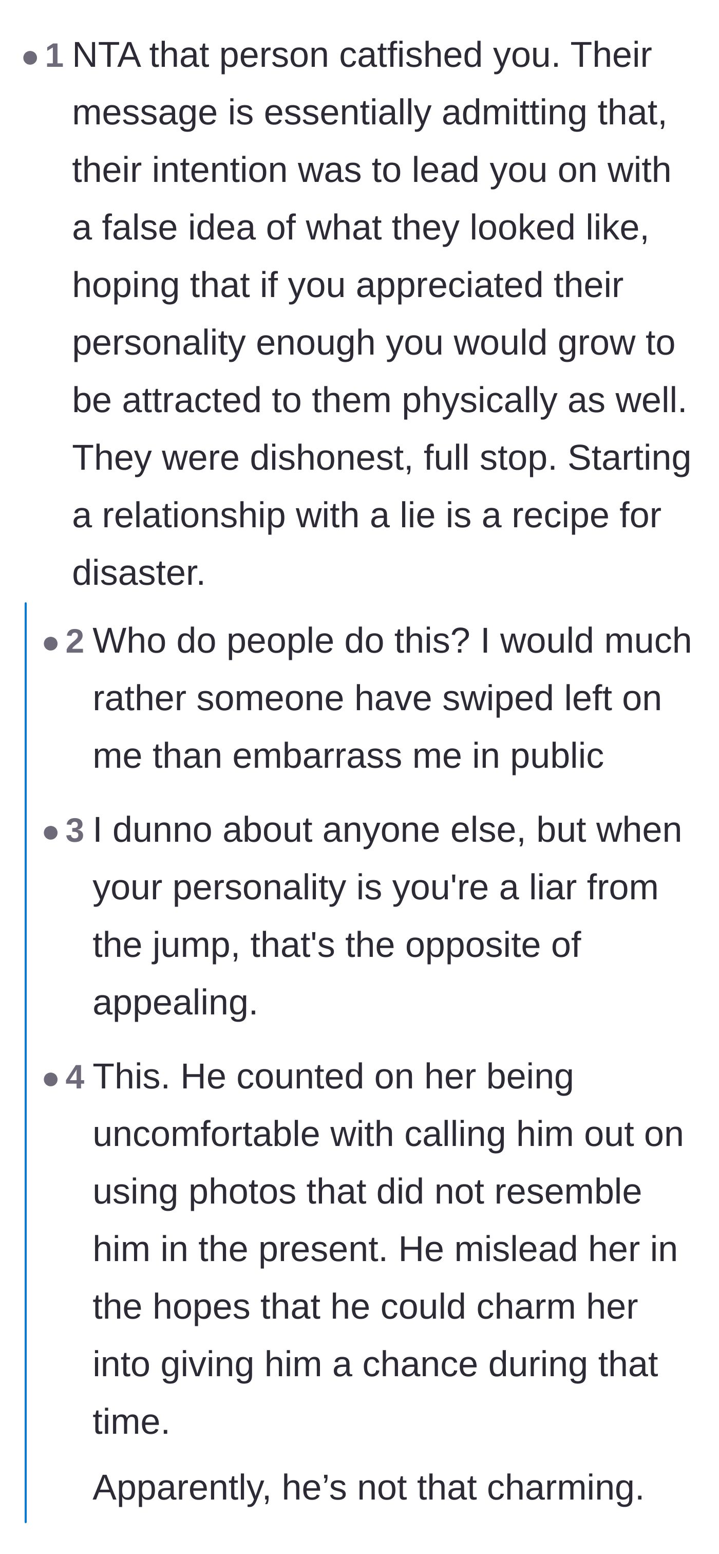 Comment thread 1 - Commenters dissecting the psychology and sheer audacity of catfishing to force a romantic connection.