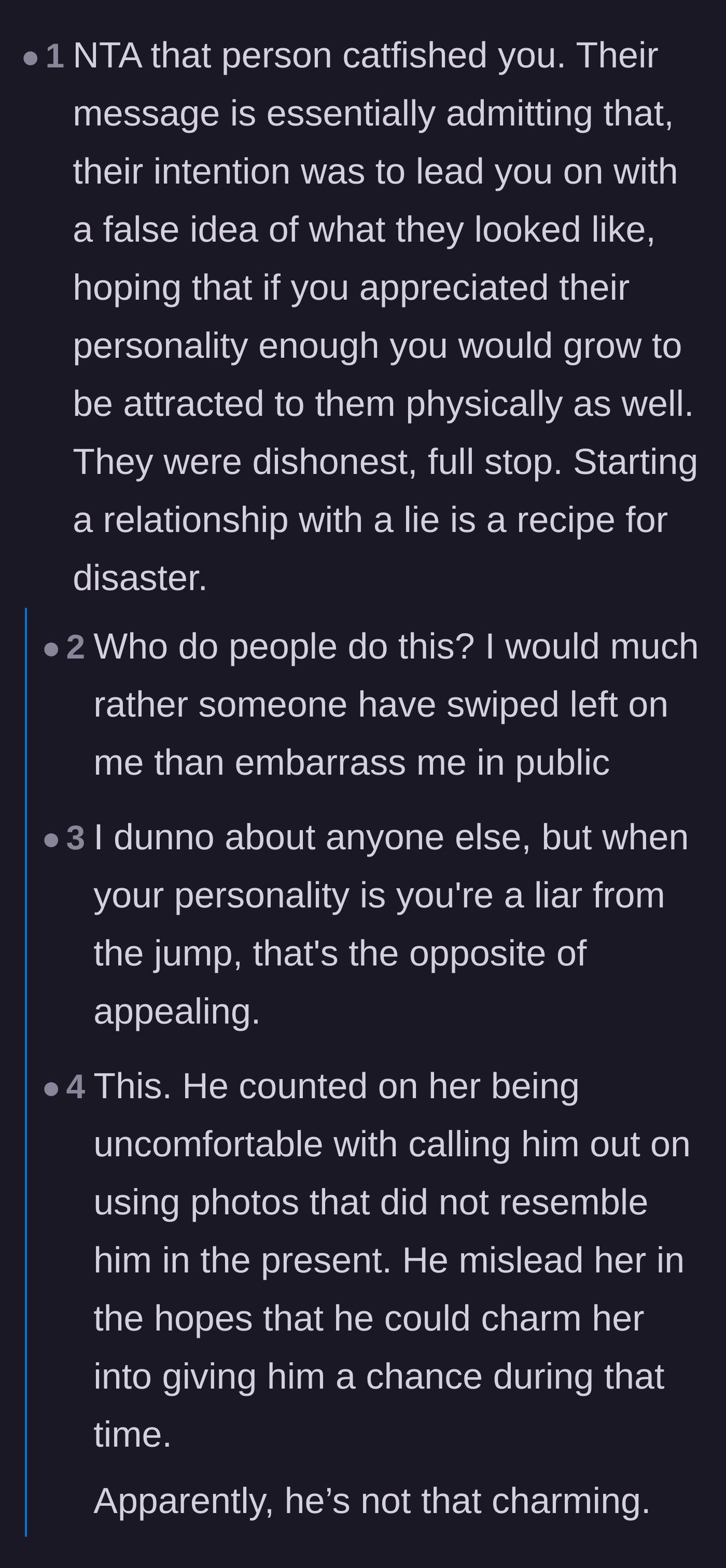 Comment thread 1 - Commenters dissecting the psychology and sheer audacity of catfishing to force a romantic connection.