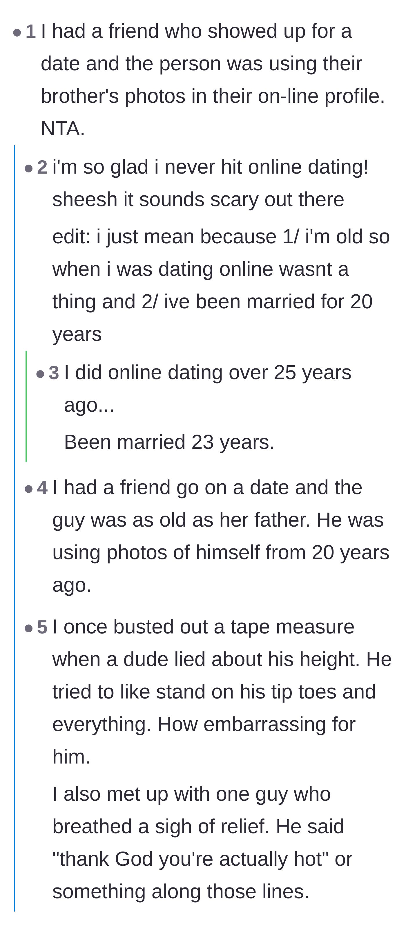 Comment thread 2 - Readers sharing their own unhinged catfishing anecdotes and debating the perils of modern online dating.